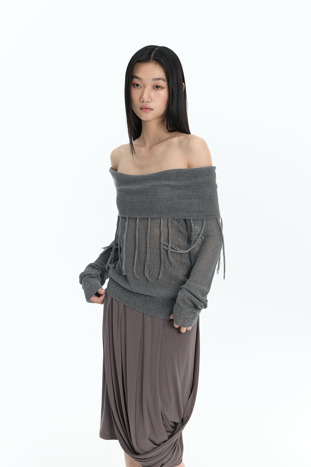 FAYCHUI Open-Knit Fringe Off-Shoulder Top