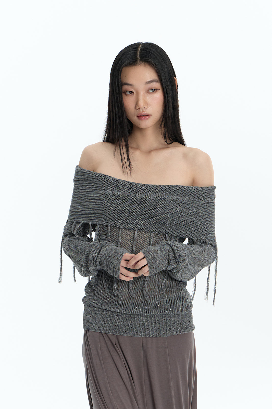 FAYCHUI Open-Knit Fringe Off-Shoulder Top