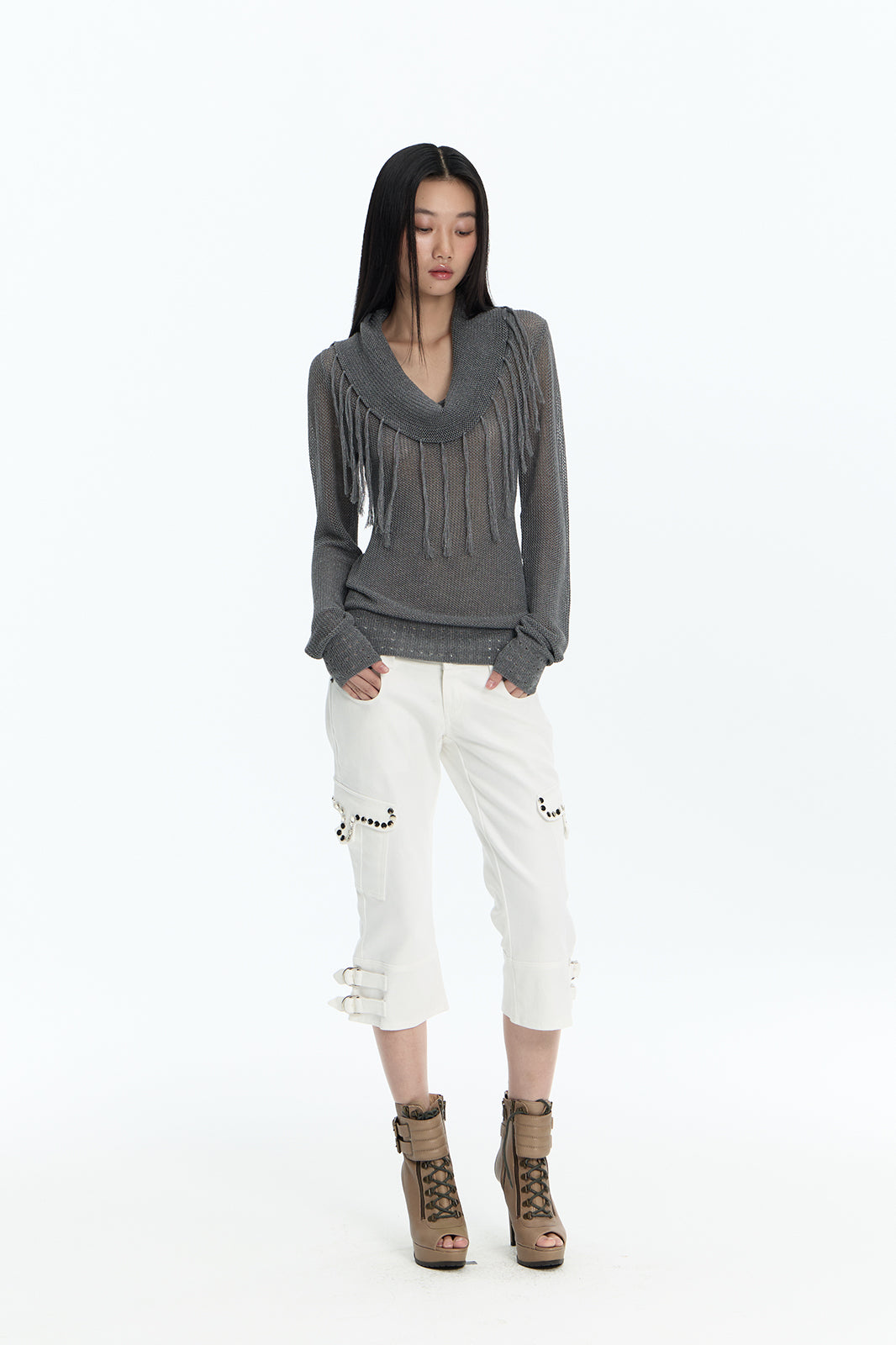 FAYCHUI Open-Knit Fringe Off-Shoulder Top