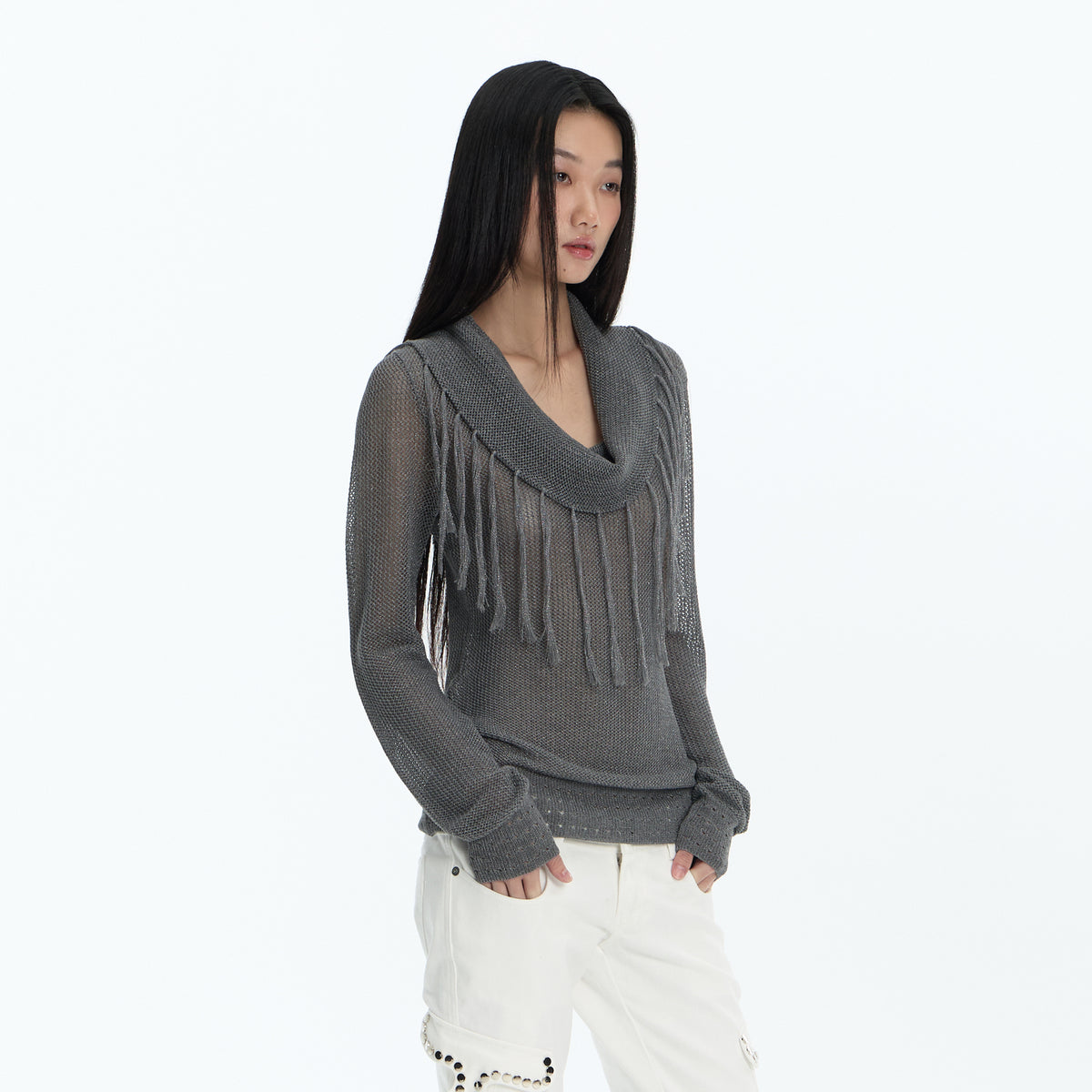 FAYCHUI Open-Knit Fringe Off-Shoulder Top