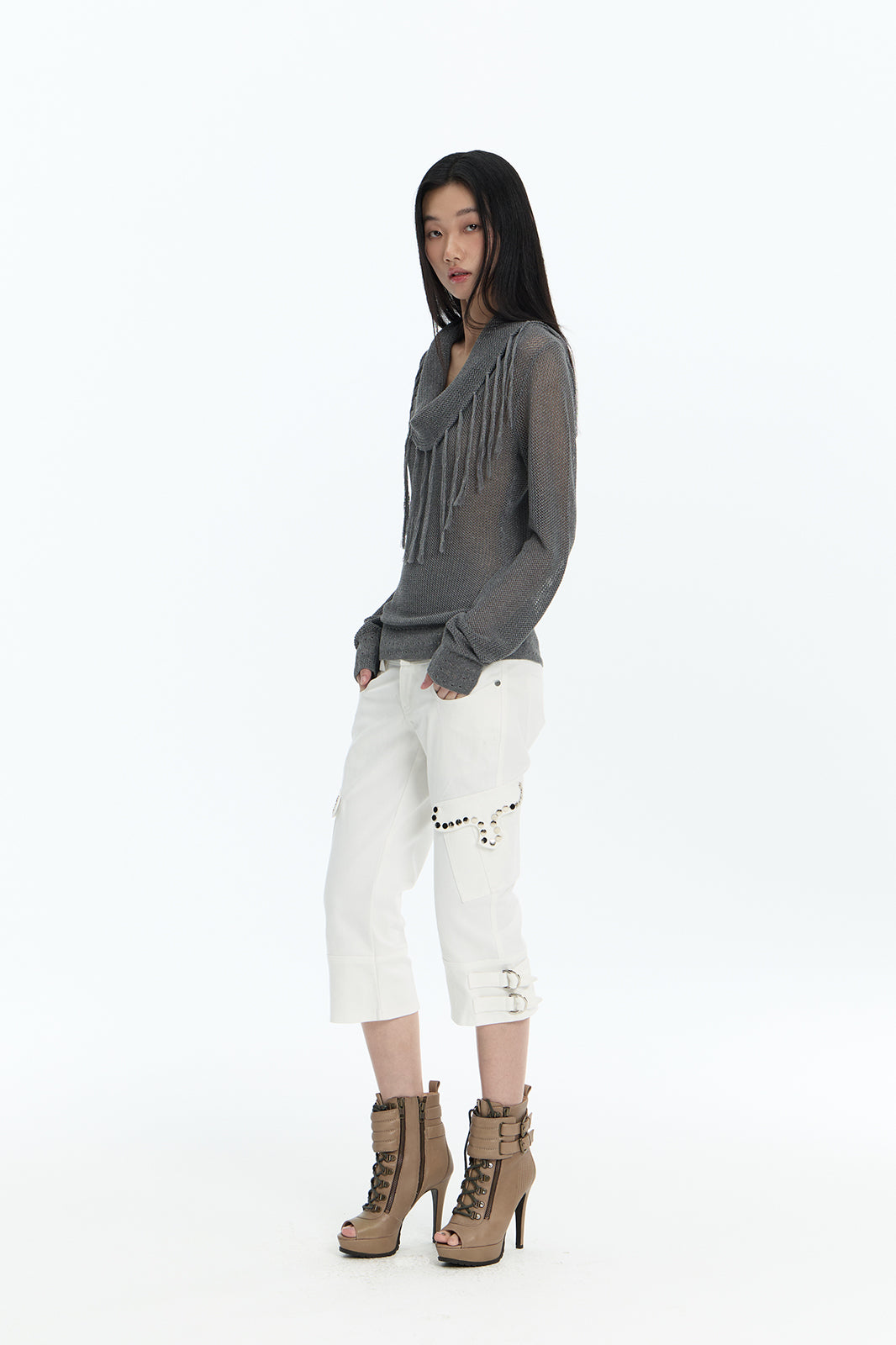 FAYCHUI Open-Knit Fringe Off-Shoulder Top