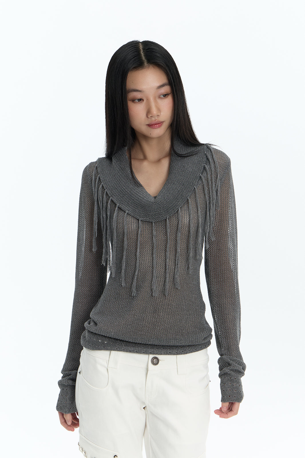 FAYCHUI Open-Knit Fringe Off-Shoulder Top