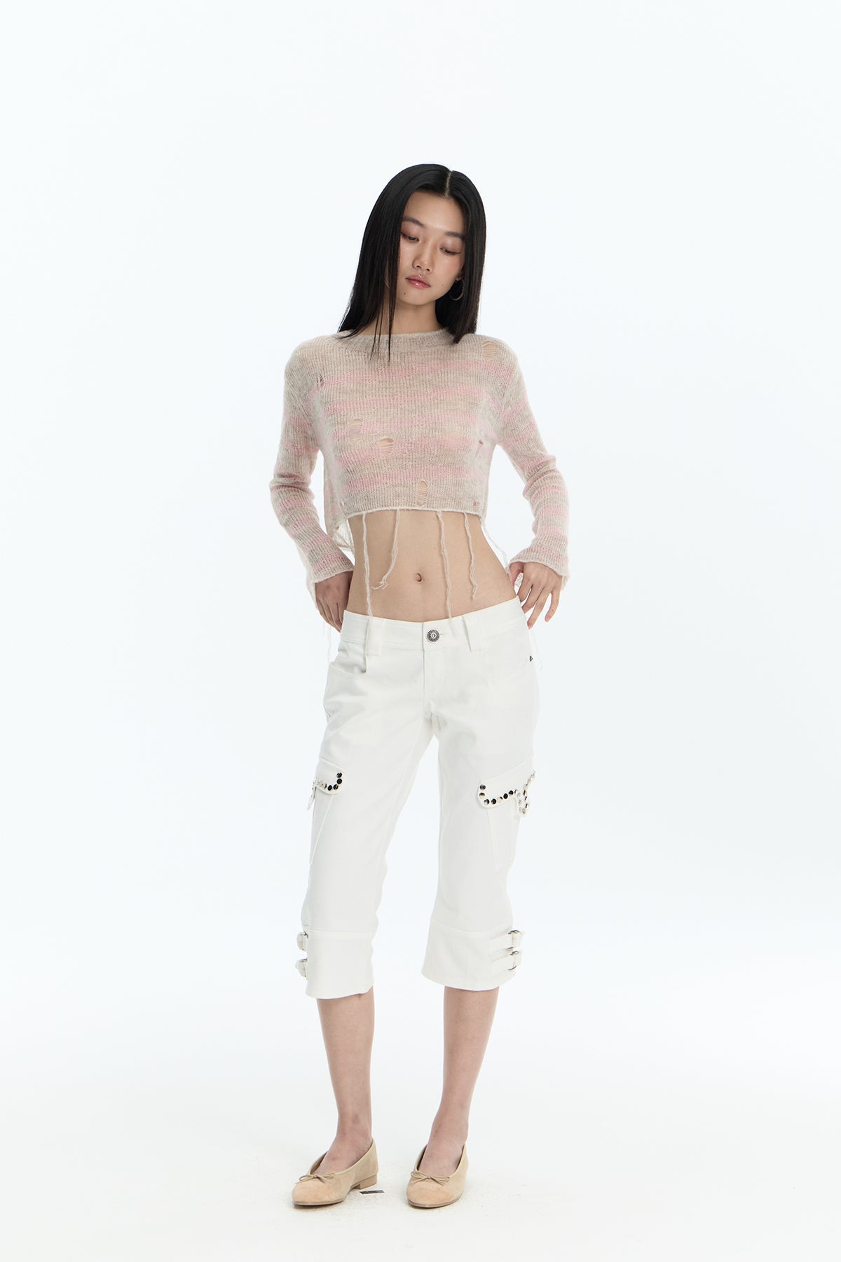 FAYCHUI Distressed Wool-Blend Cropped Knit Top