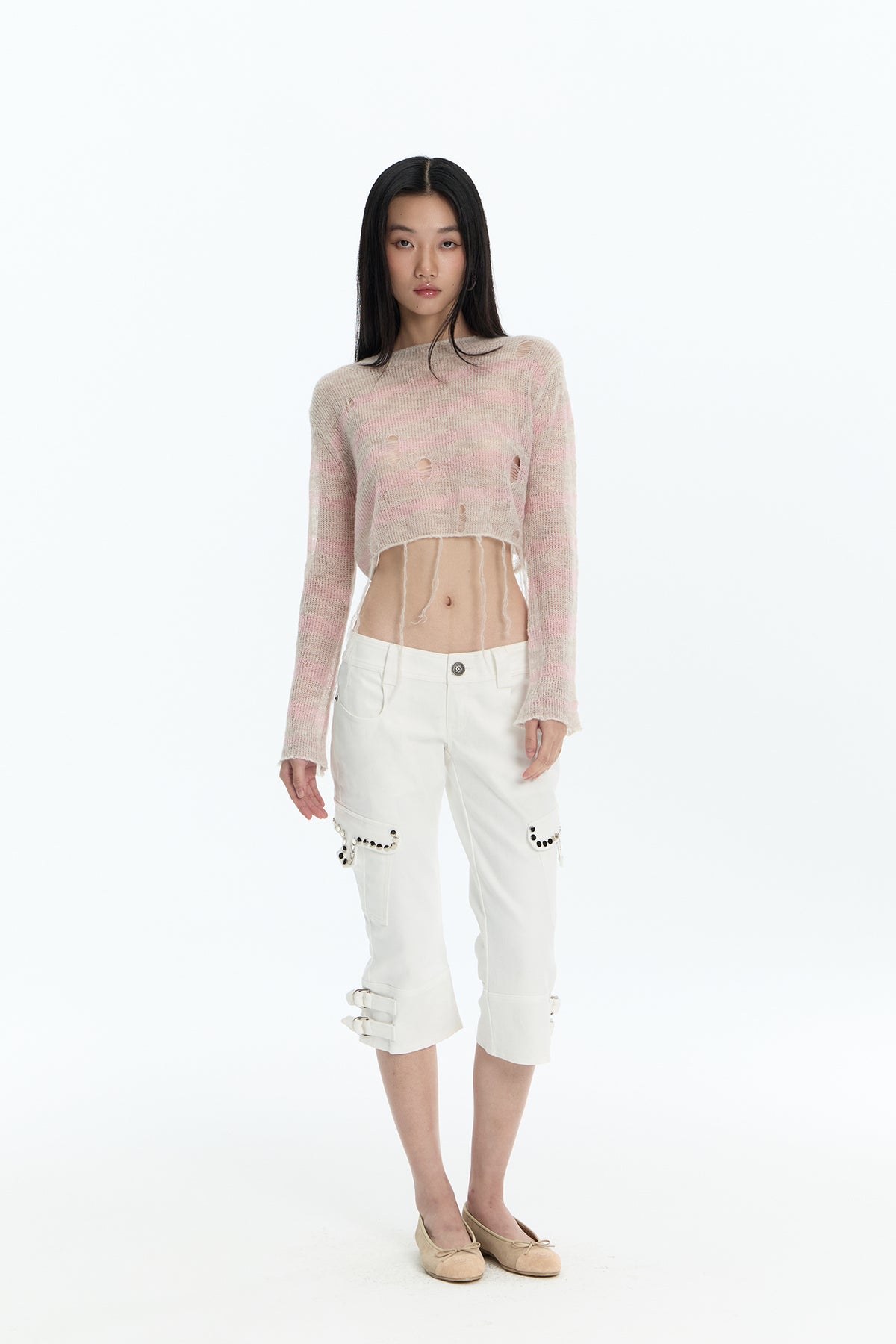FAYCHUI Distressed Wool-Blend Cropped Knit Top