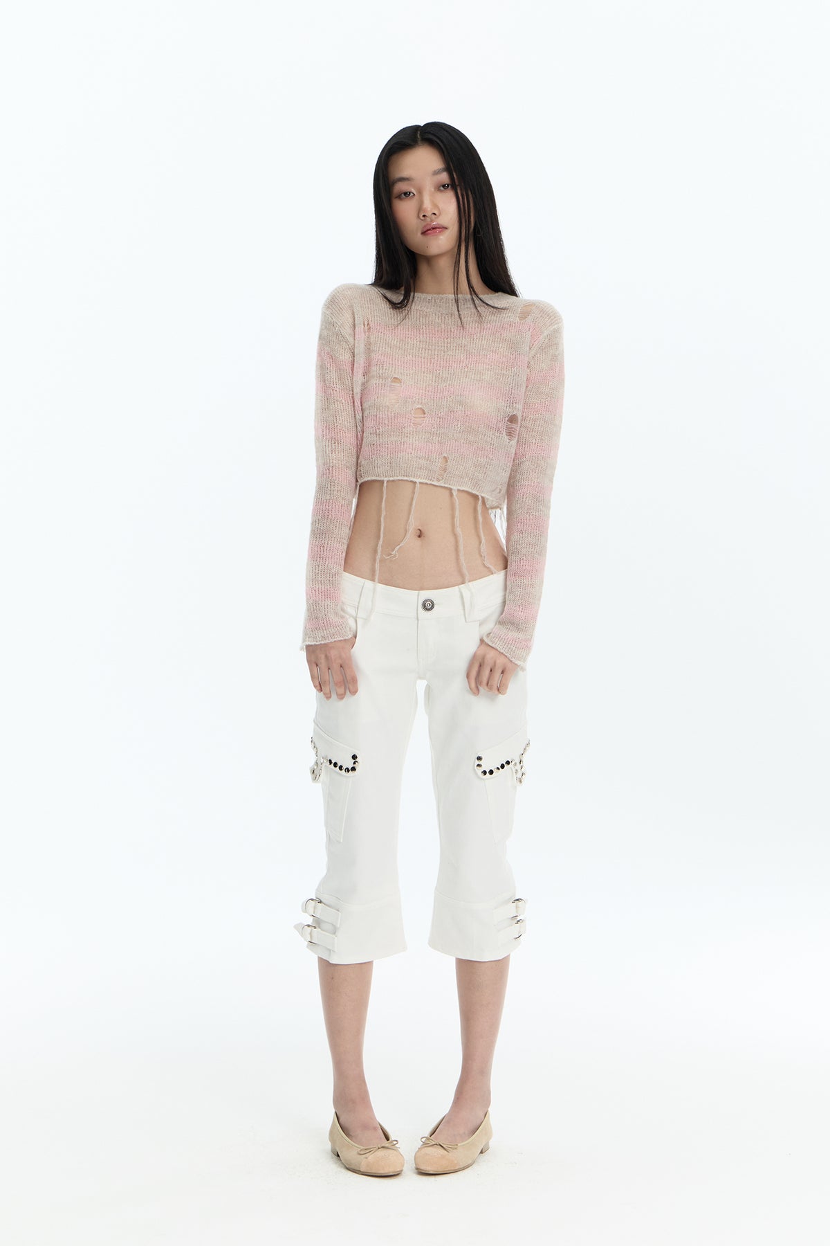 FAYCHUI Distressed Wool-Blend Cropped Knit Top