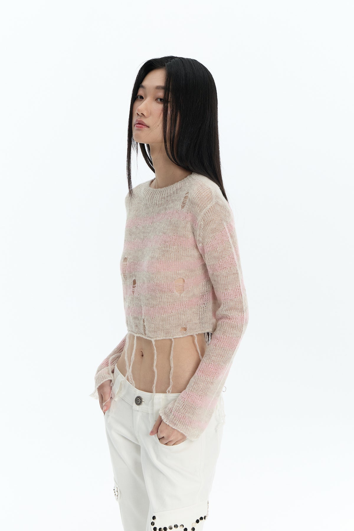 FAYCHUI Distressed Wool-Blend Cropped Knit Top