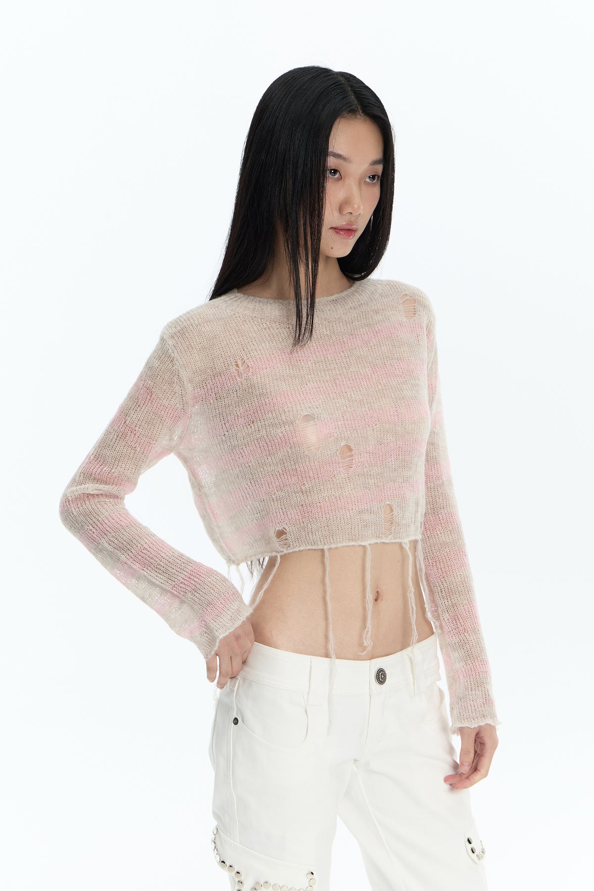 FAYCHUI Distressed Wool-Blend Cropped Knit Top