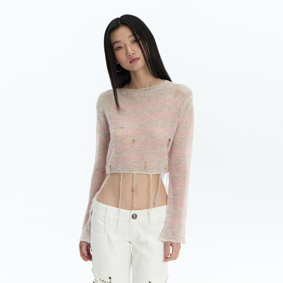FAYCHUI Distressed Wool-Blend Cropped Knit Top