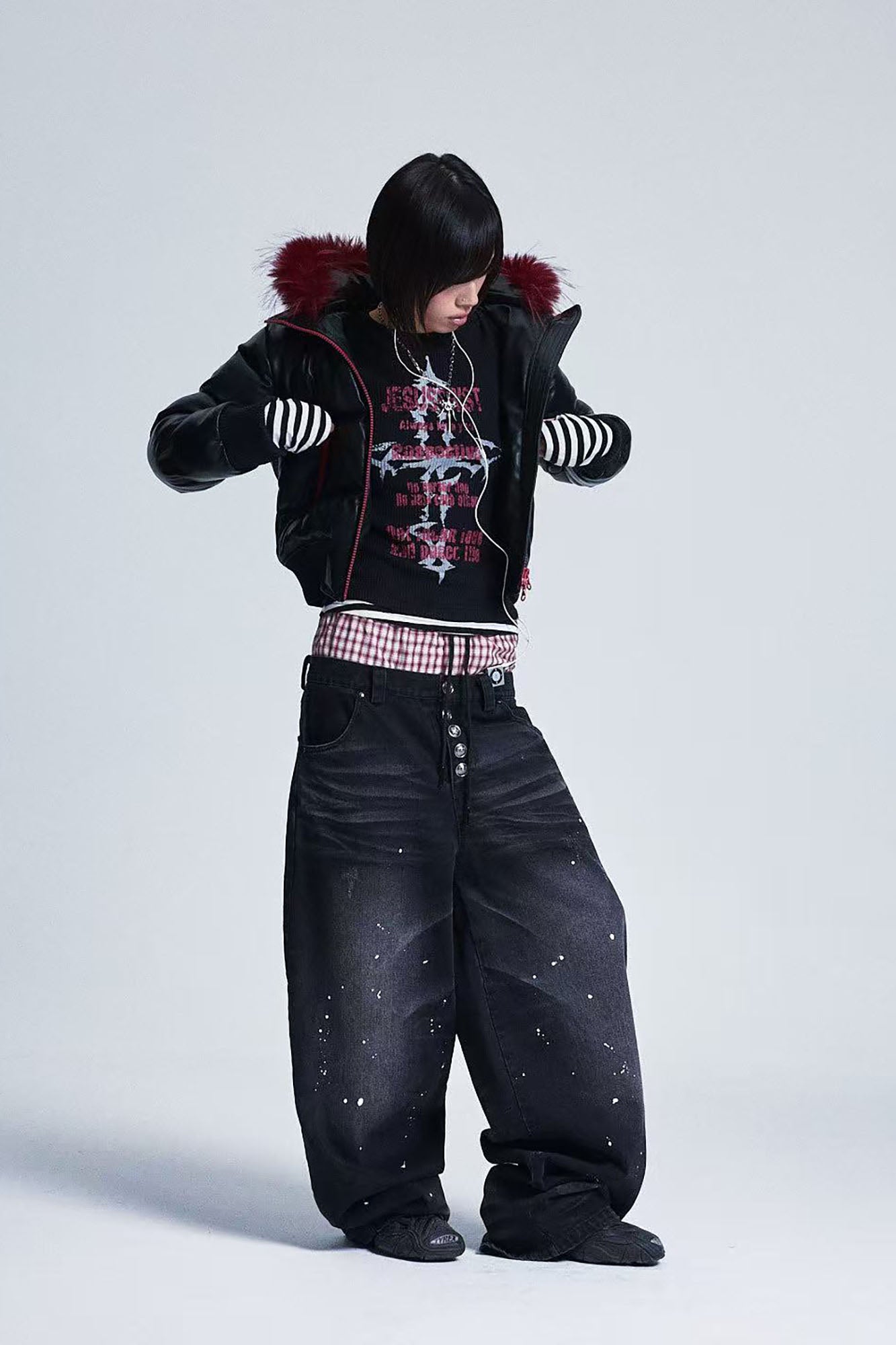 NONAME SPACE Skull Detachable Hood PU Bomber Jacket