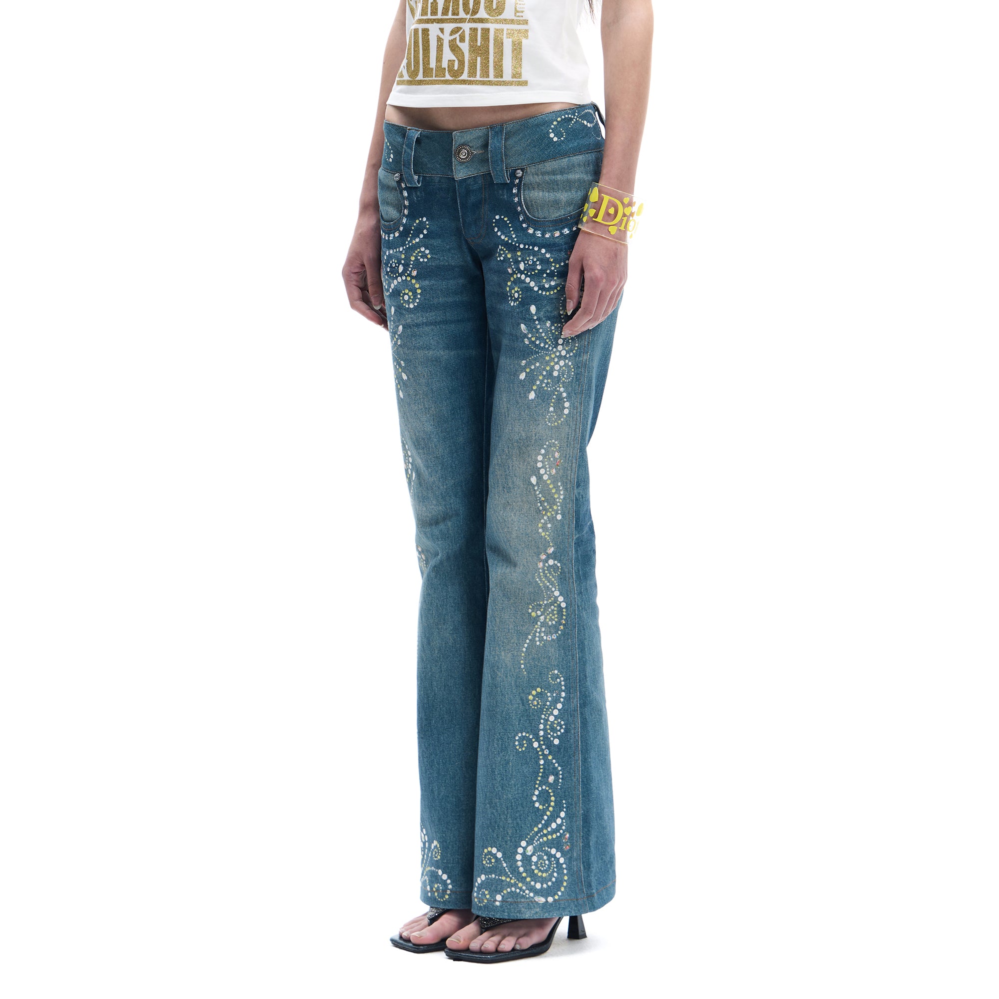 FAYCHUI Diamond-Embellished Washed Flared Jeans