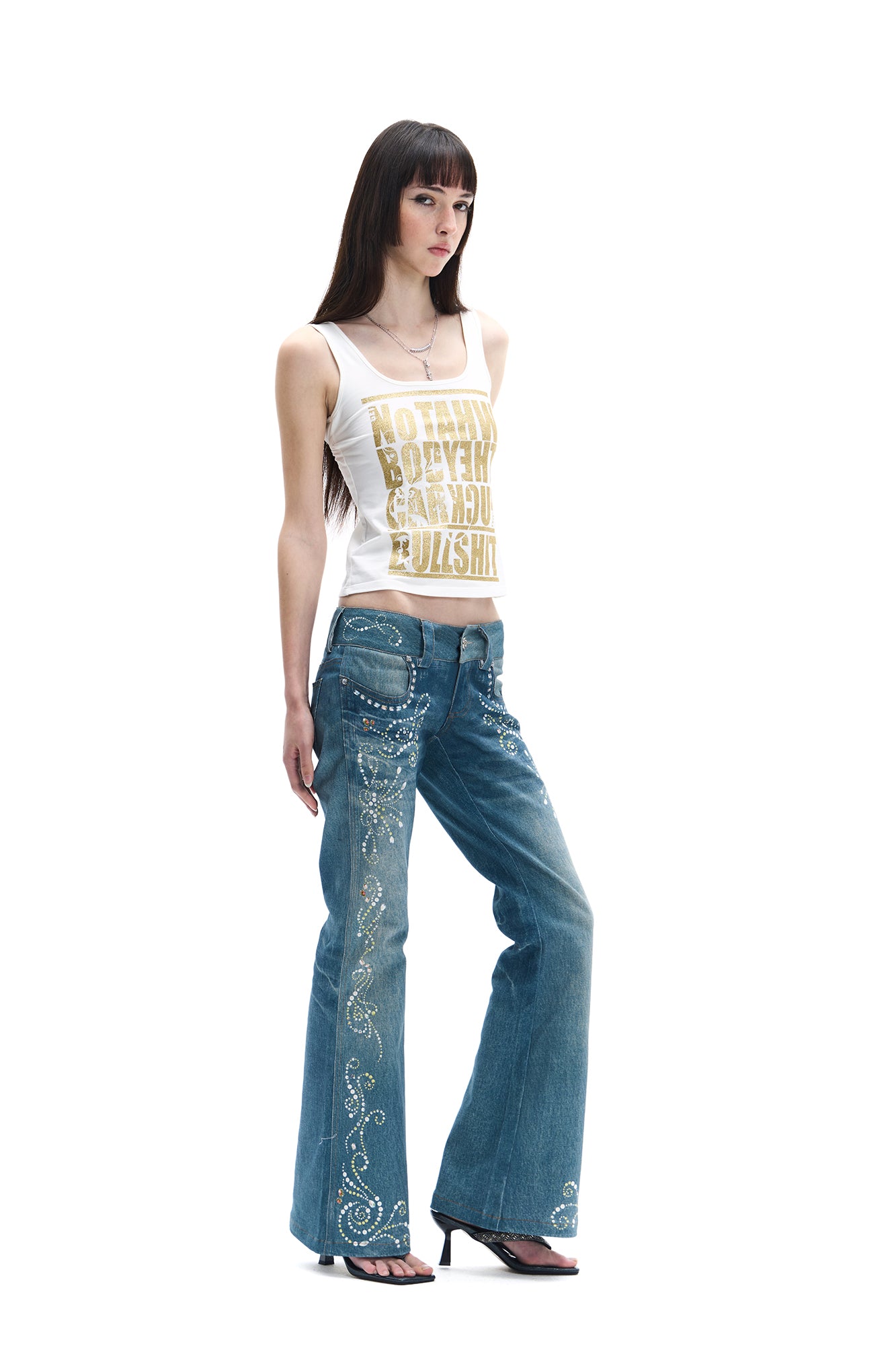 FAYCHUI Diamond-Embellished Washed Flared Jeans