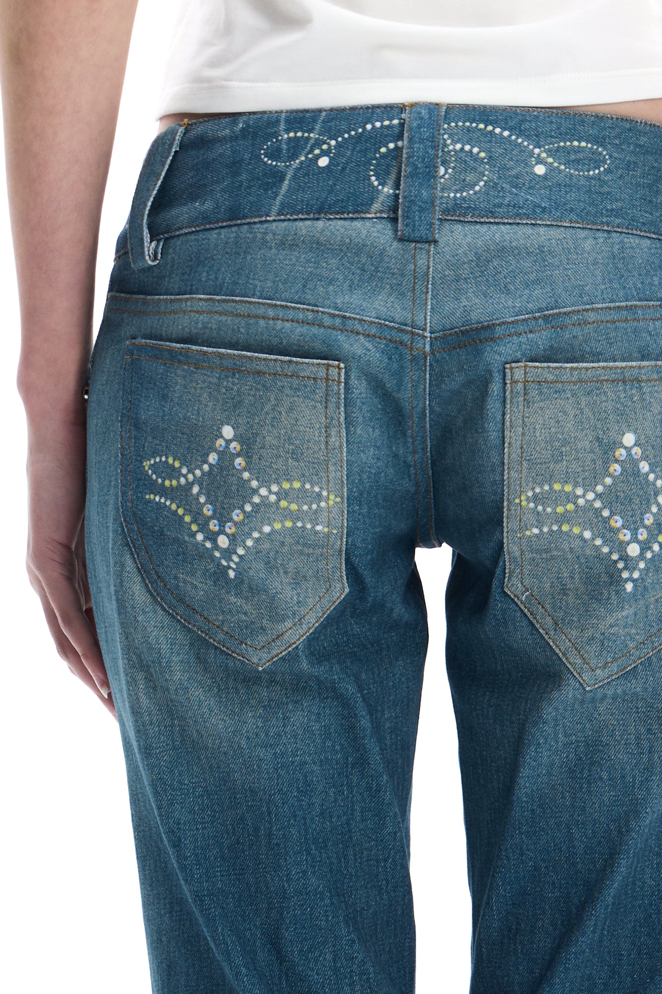 FAYCHUI Diamond-Embellished Washed Flared Jeans