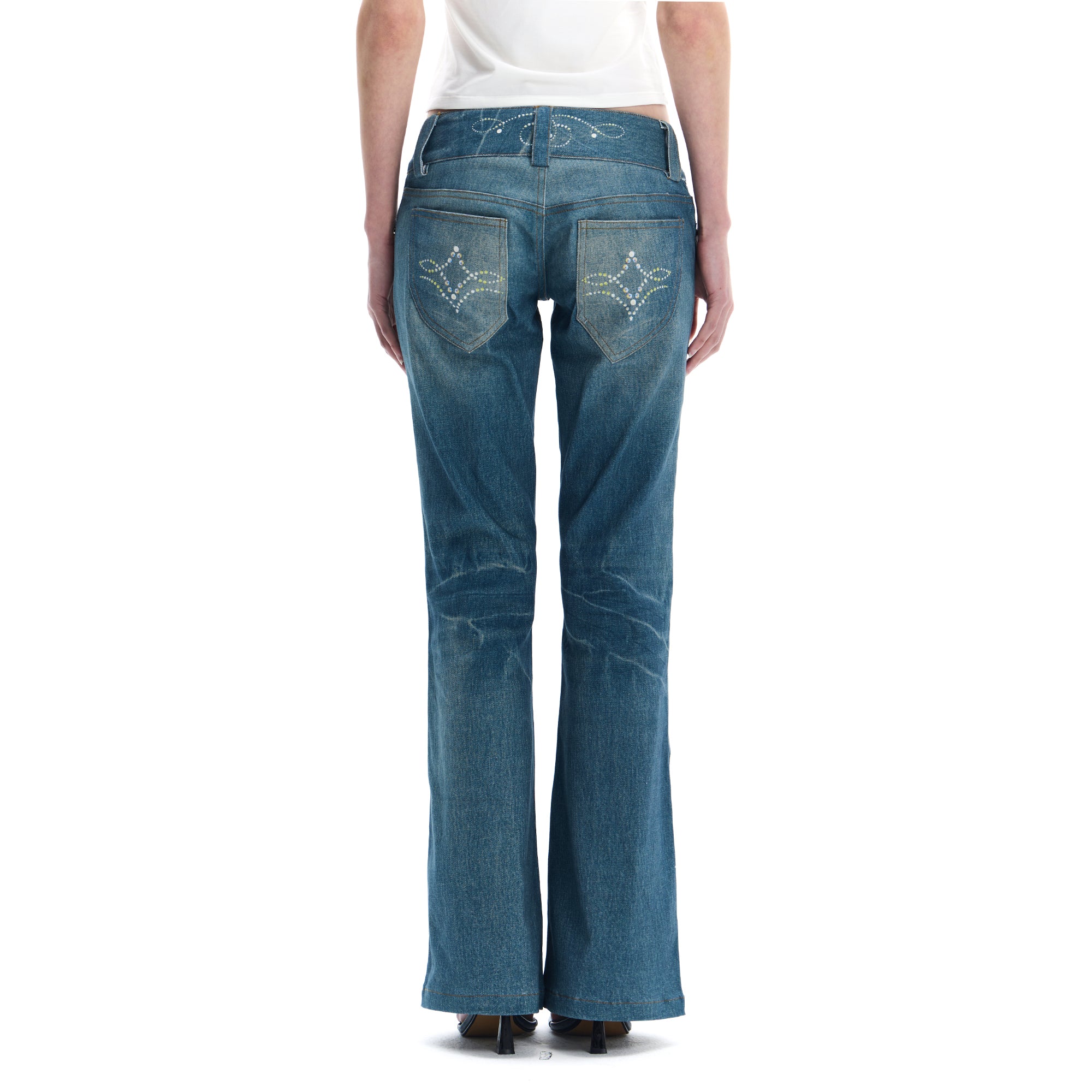 FAYCHUI Diamond-Embellished Washed Flared Jeans