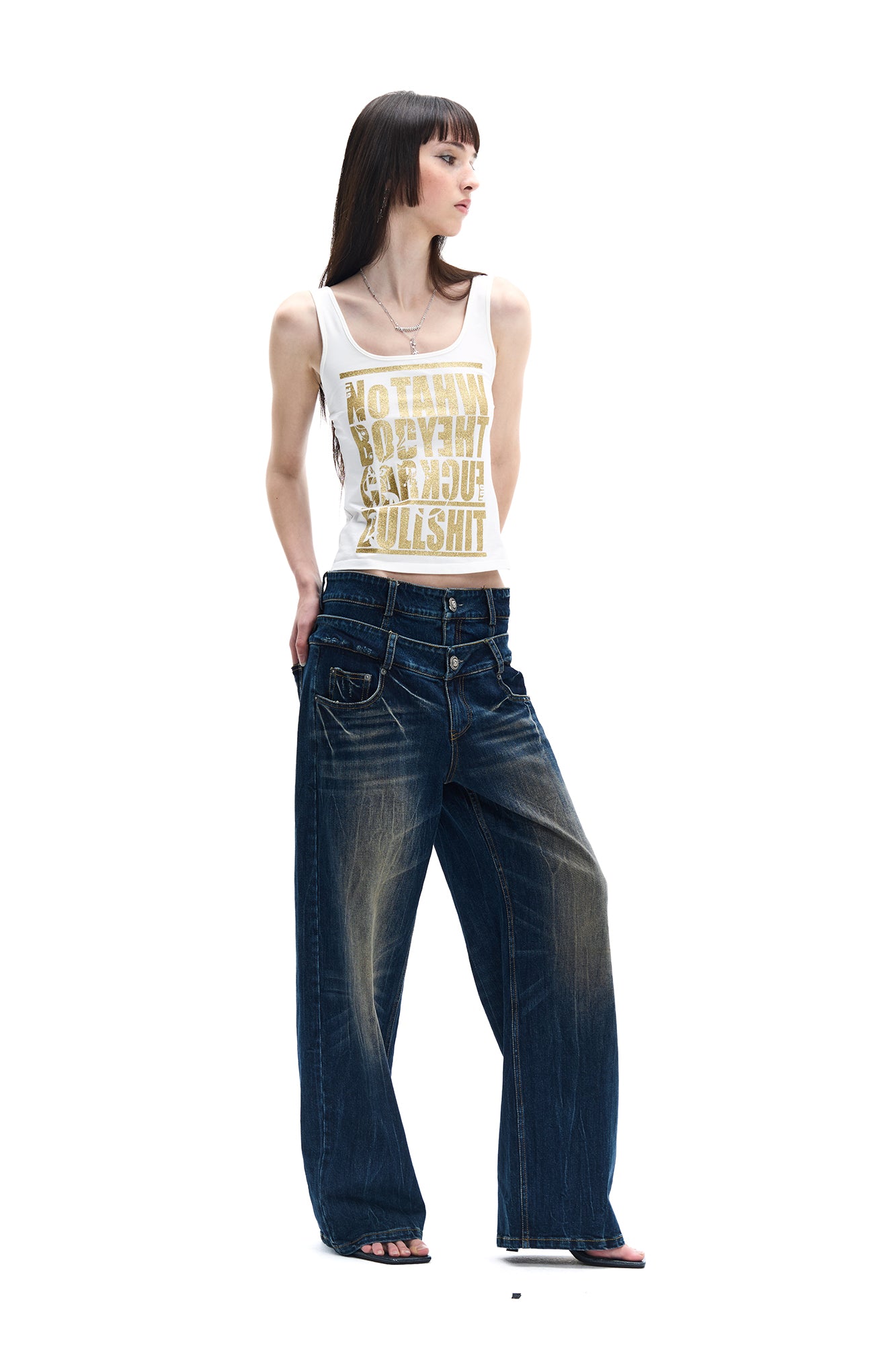 FAYCHUI Double-Waist Washed Wide-Leg Jeans