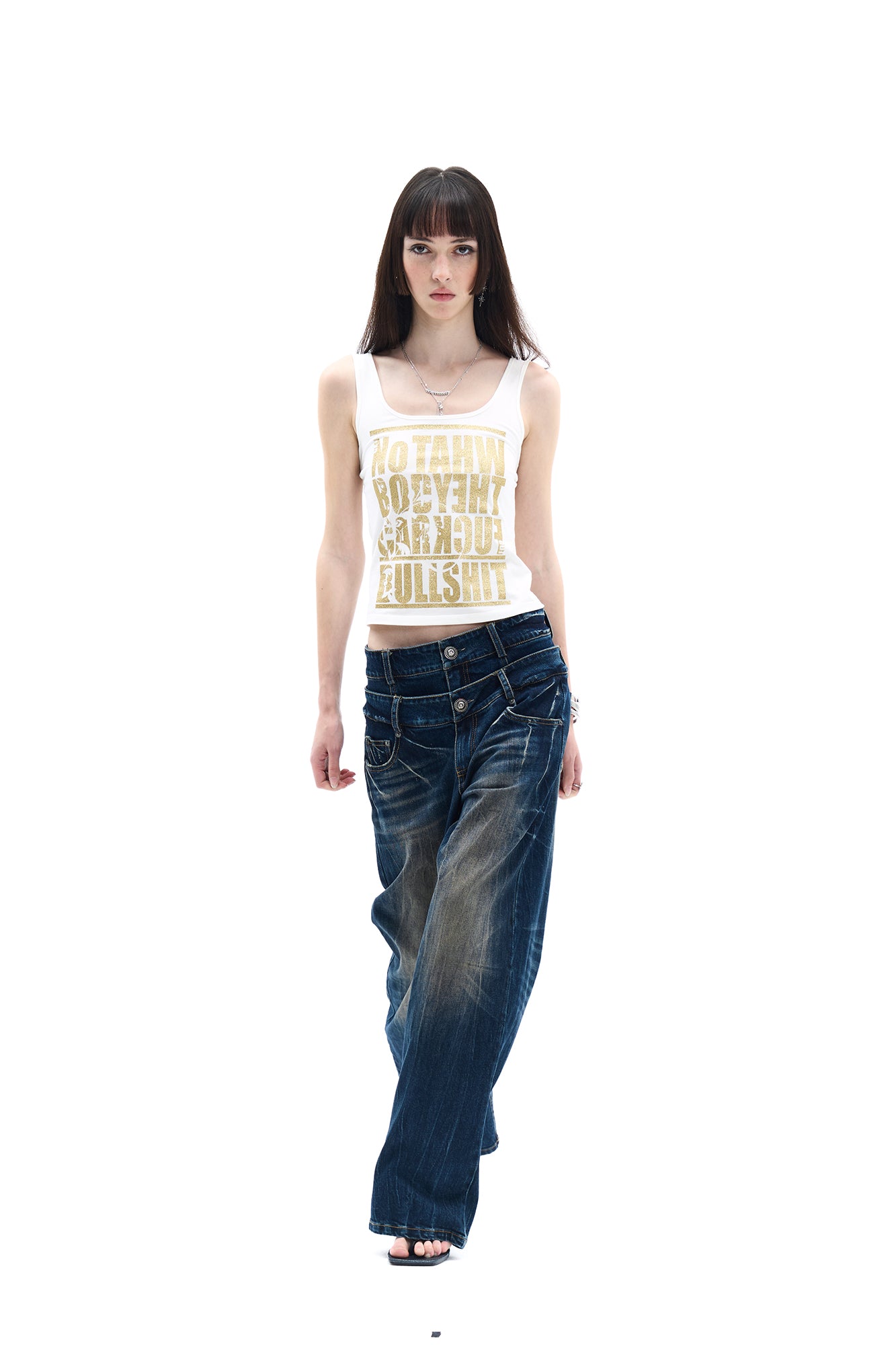 FAYCHUI Double-Waist Washed Wide-Leg Jeans