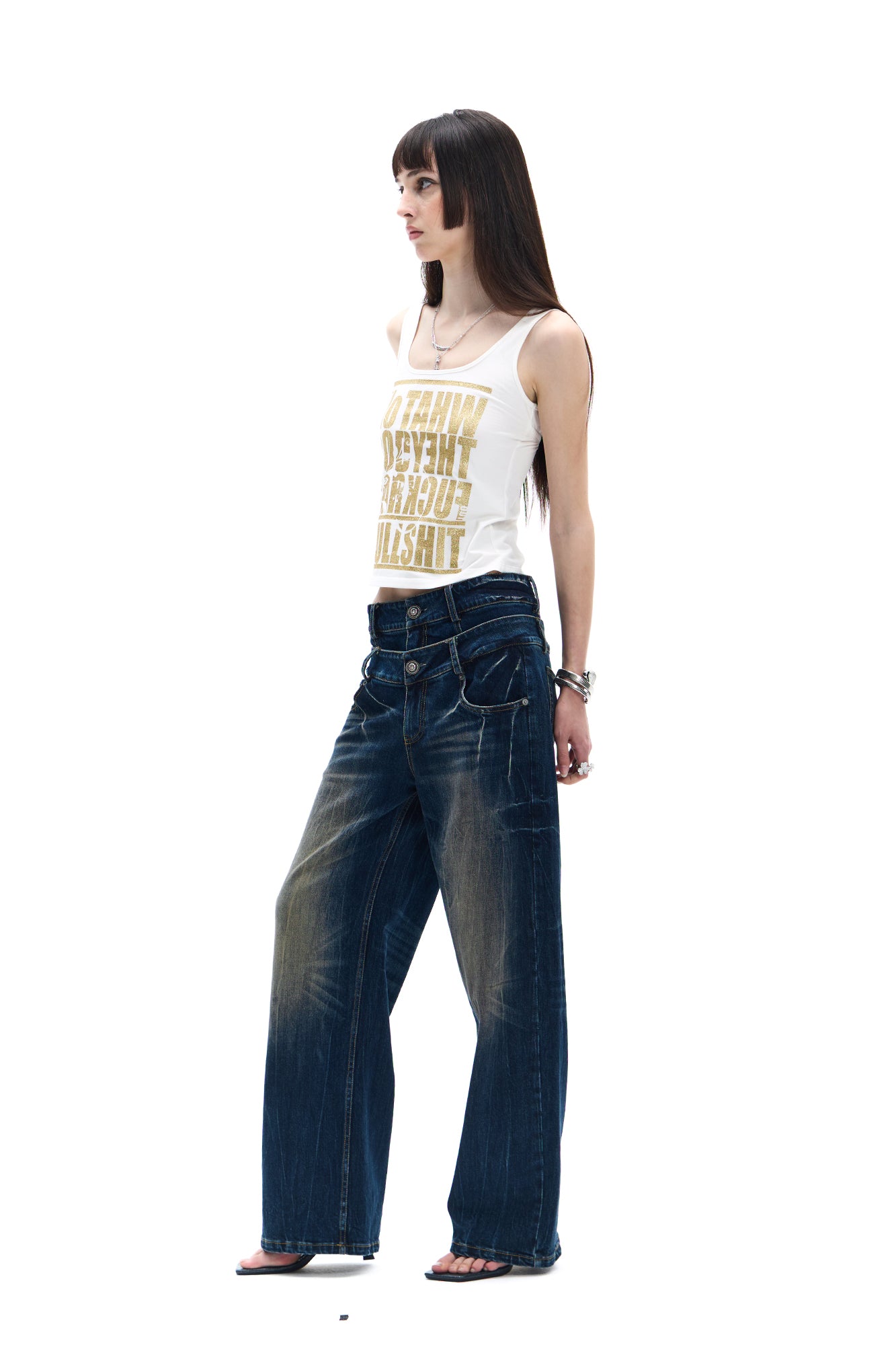 FAYCHUI Double-Waist Washed Wide-Leg Jeans