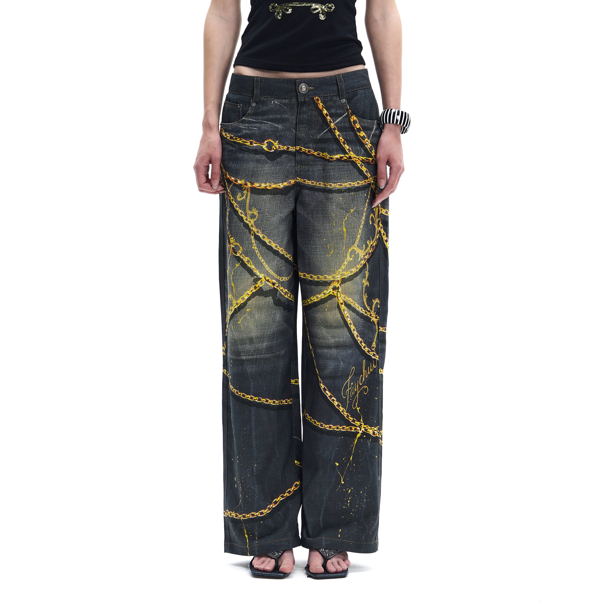 FAYCHUI Chain Graphic Wide-Leg Jeans
