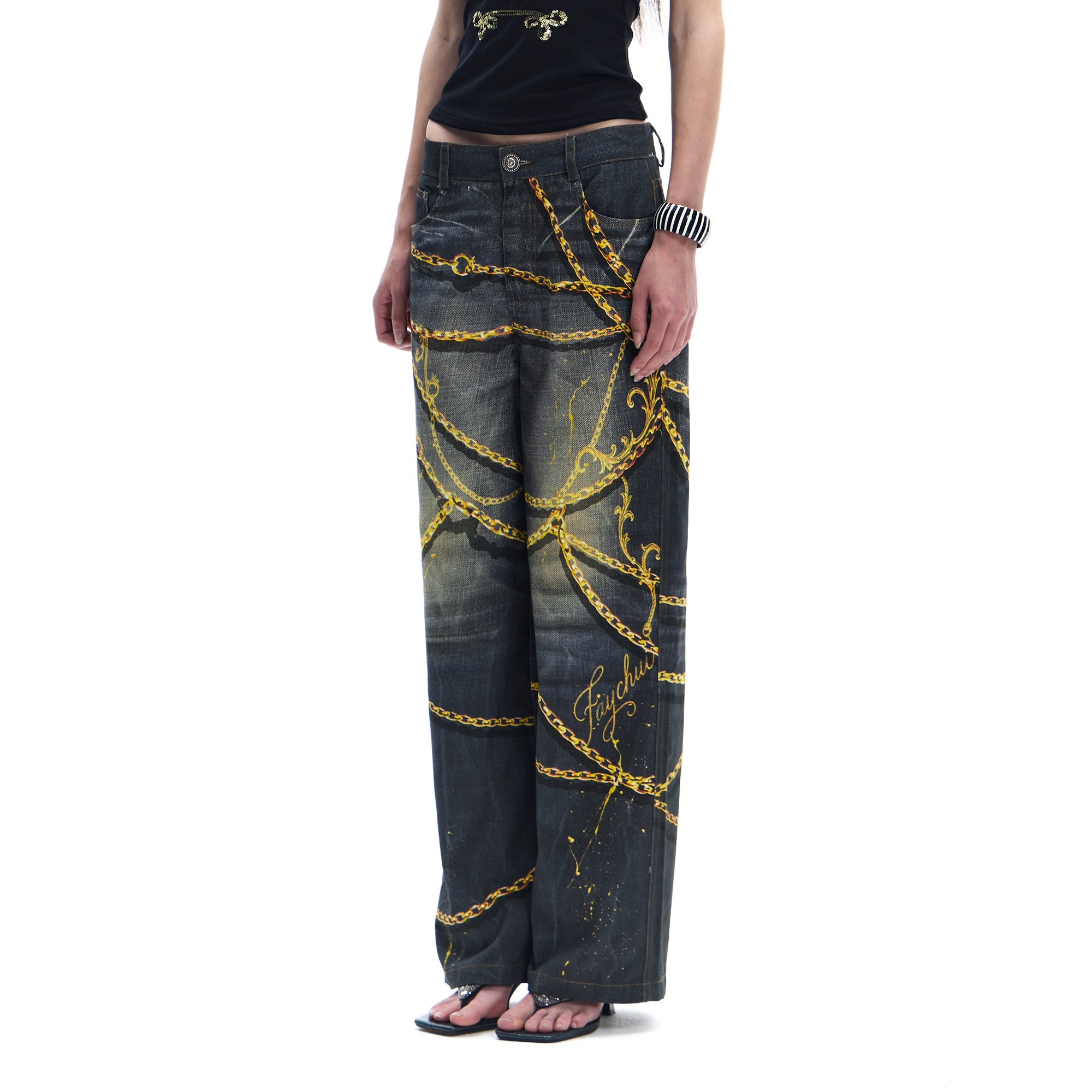 FAYCHUI Chain Graphic Wide-Leg Jeans
