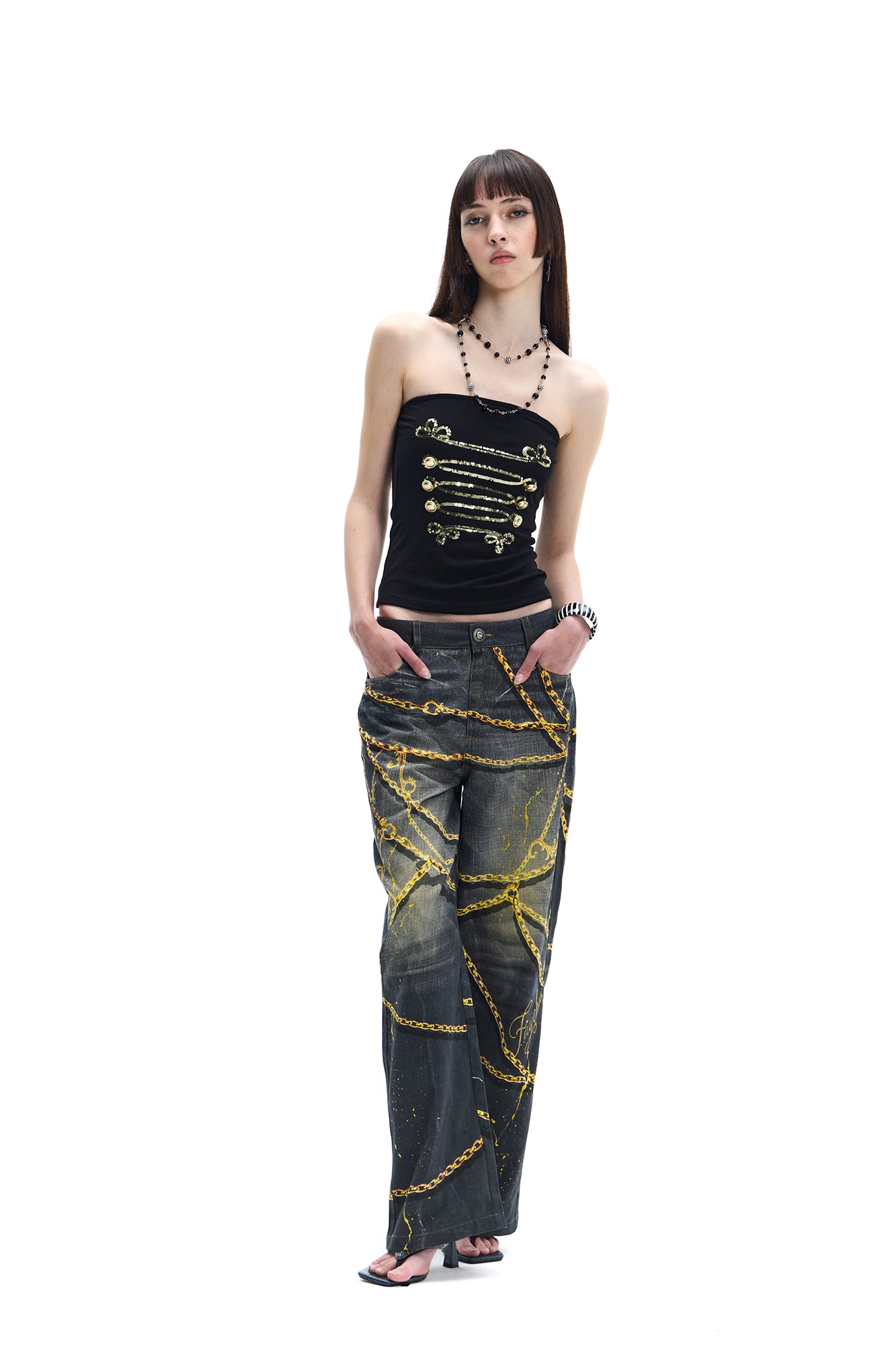 FAYCHUI Chain Graphic Wide-Leg Jeans