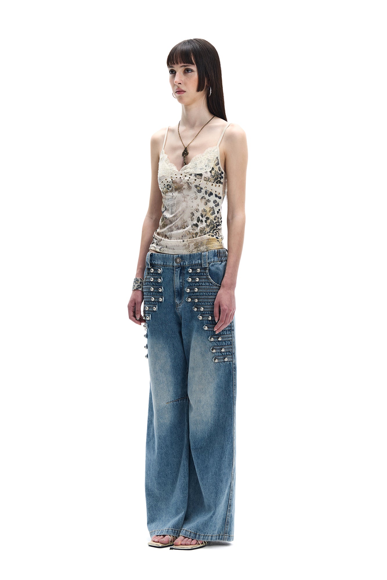 FAYCHUI Studded Military-Inspired Wide-Leg Jeans