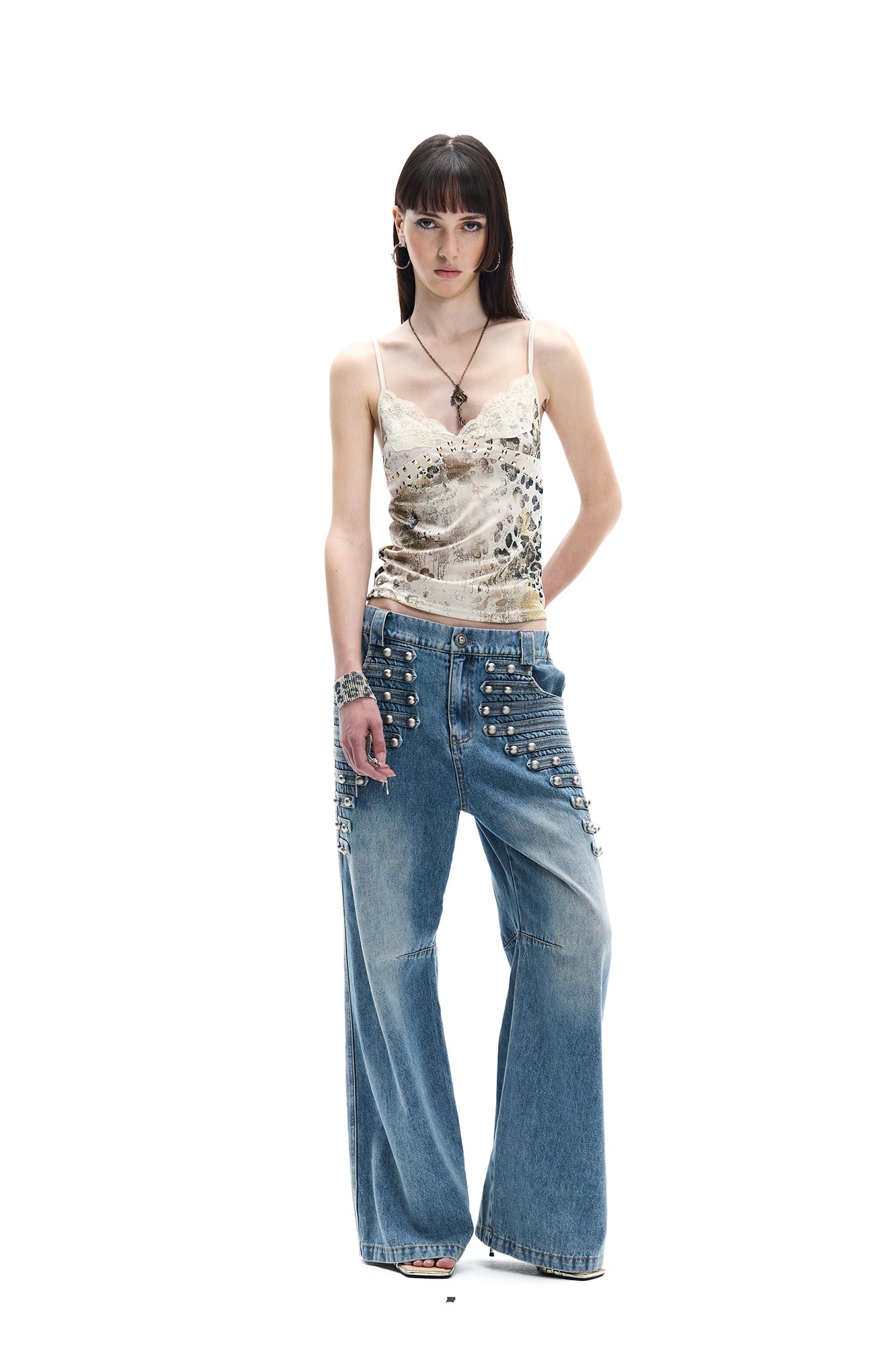 FAYCHUI Leopard Rivet Lace Acetate Camisole