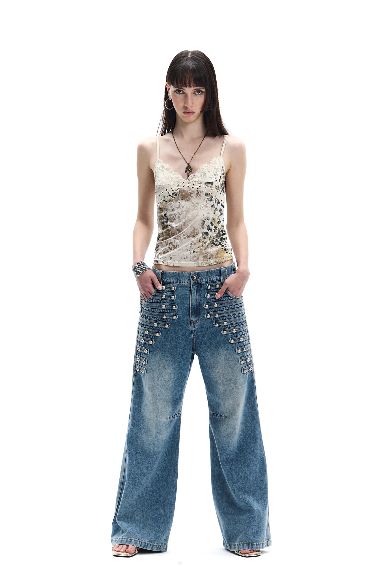 FAYCHUI Leopard Rivet Lace Acetate Camisole