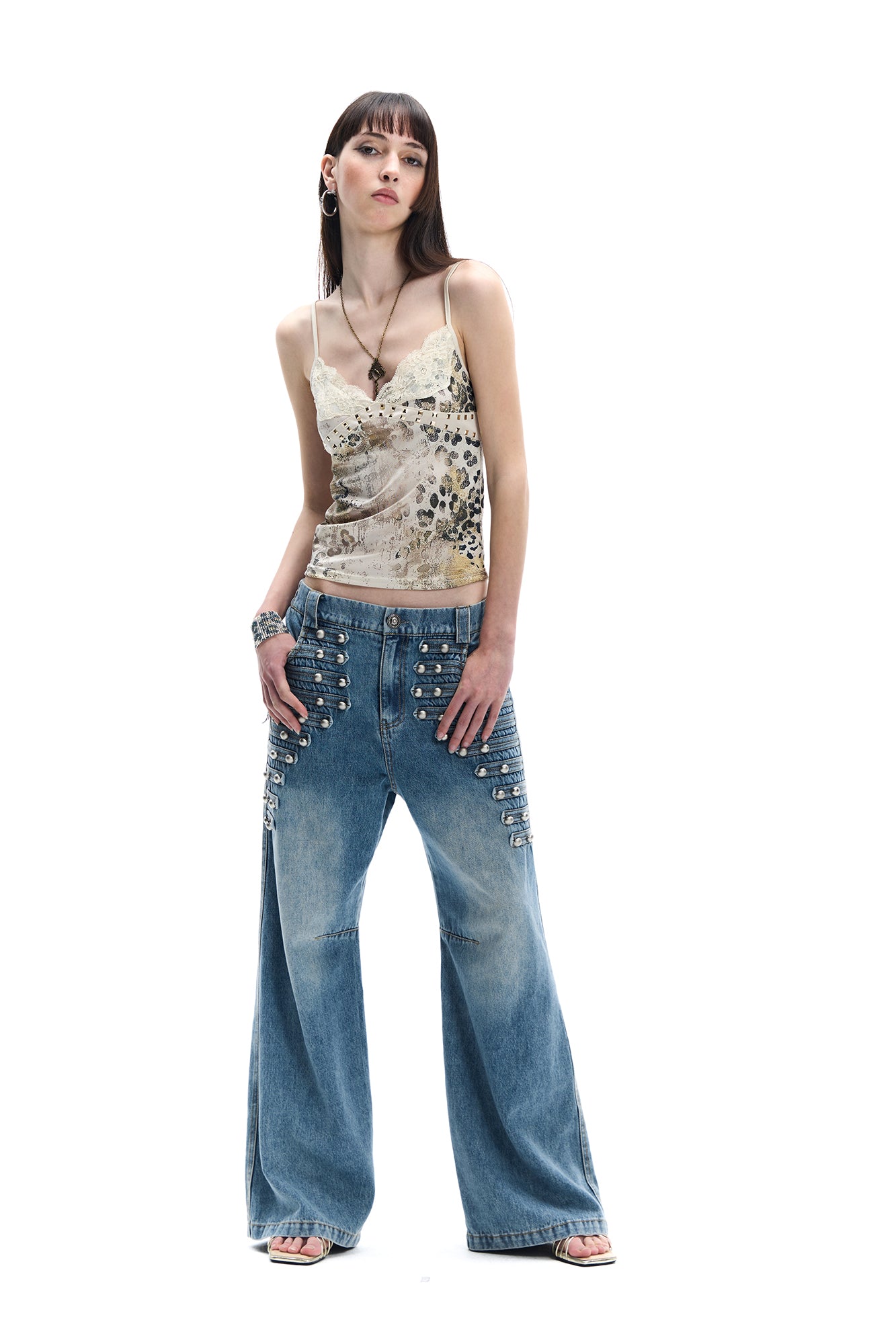 FAYCHUI Leopard Rivet Lace Acetate Camisole