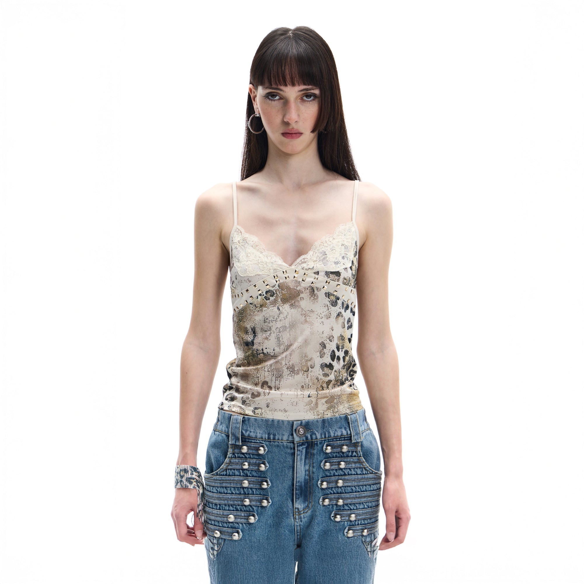 FAYCHUI Leopard Rivet Lace Acetate Camisole