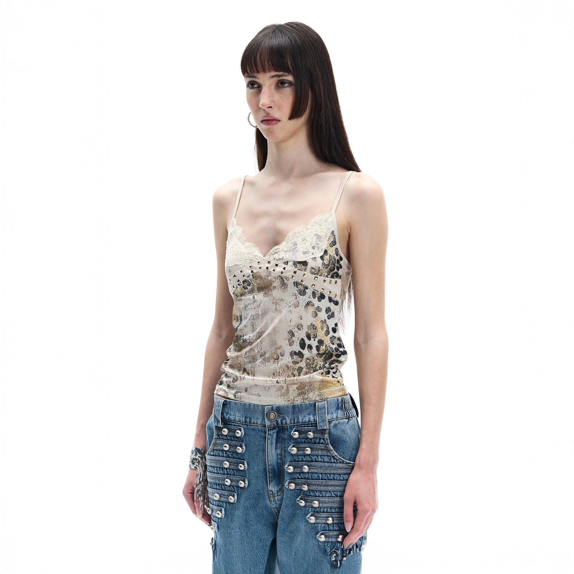 FAYCHUI Leopard Rivet Lace Acetate Camisole