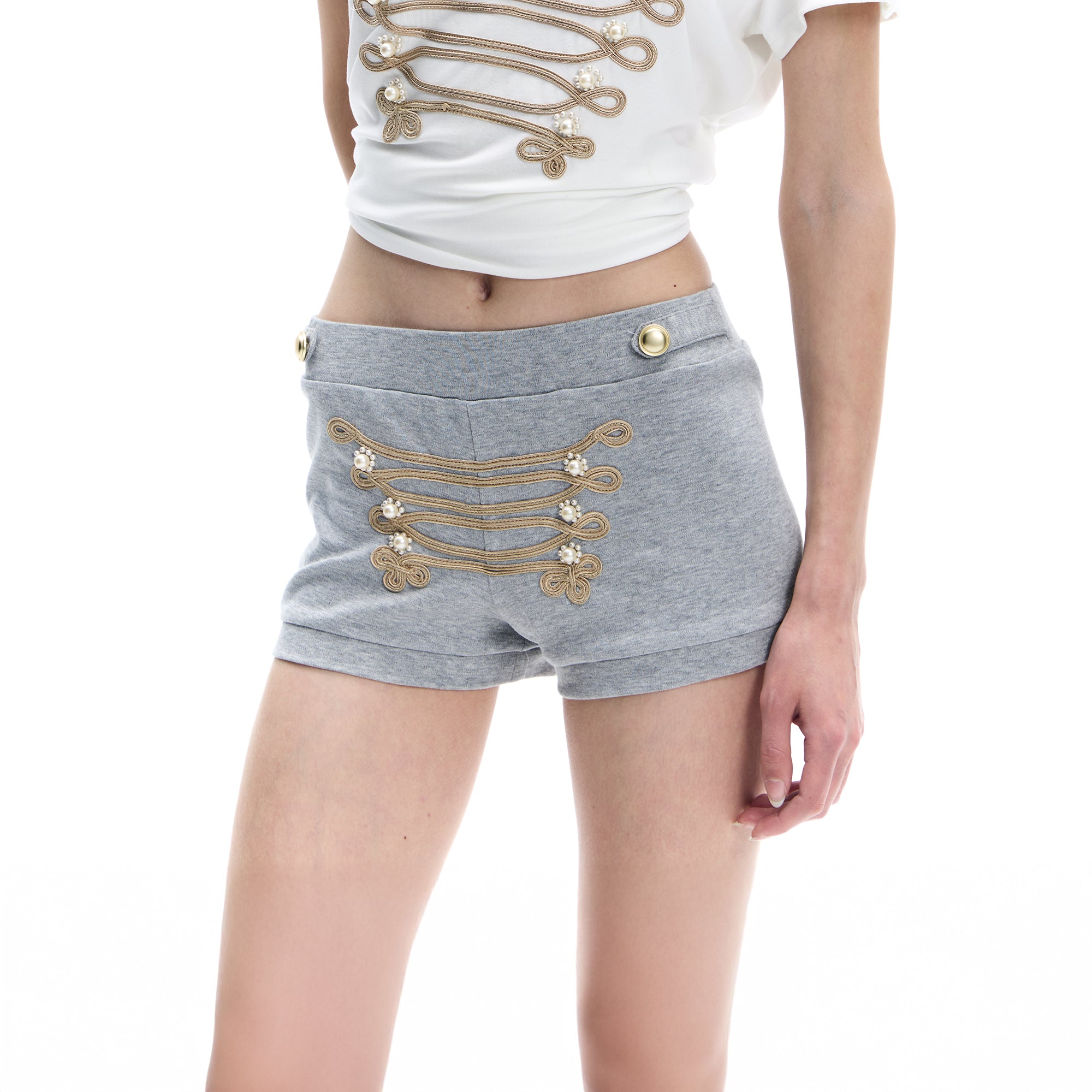 FAYCHUI Pearl-Embellished Braided Hot Shorts