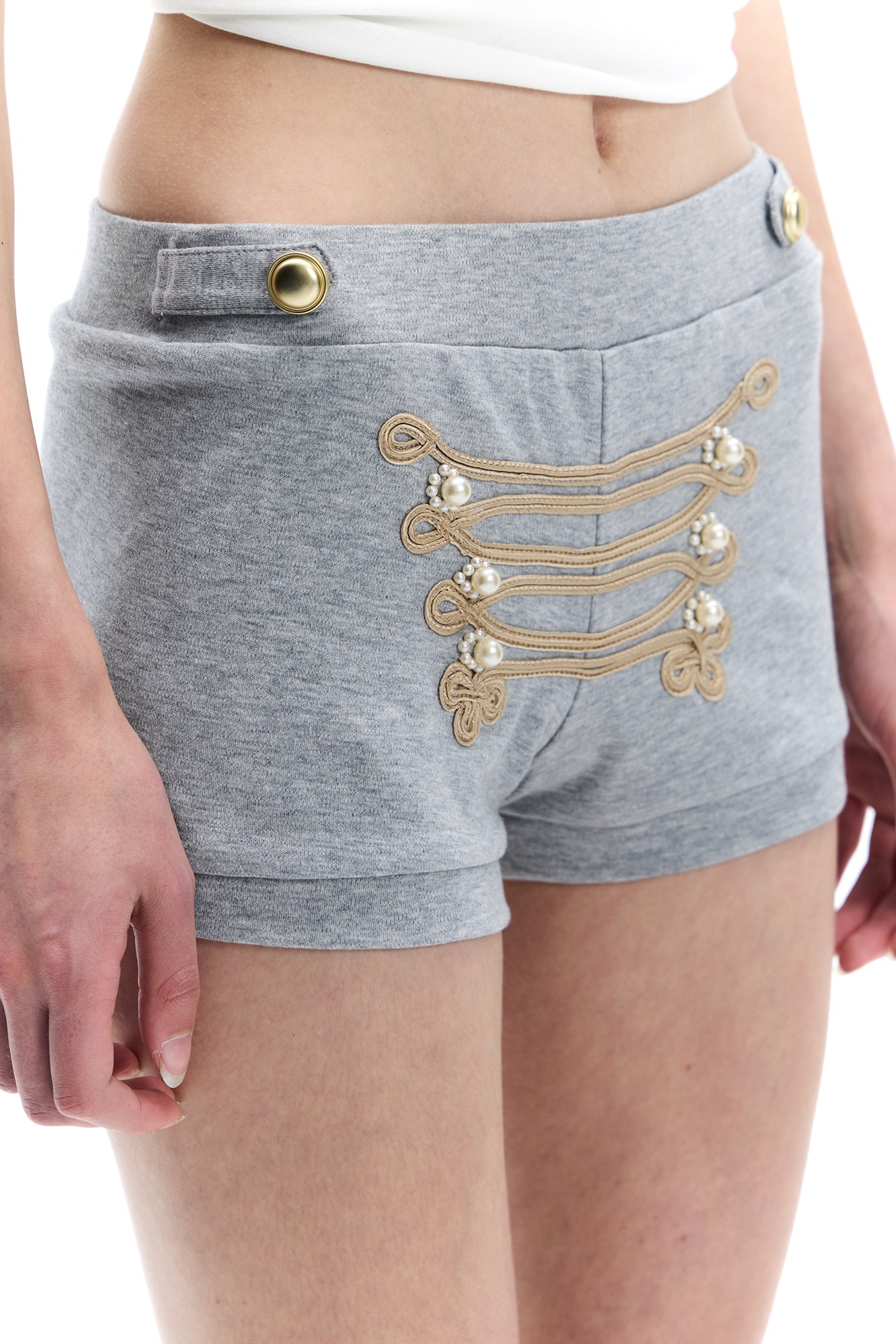 FAYCHUI Pearl-Embellished Braided Hot Shorts