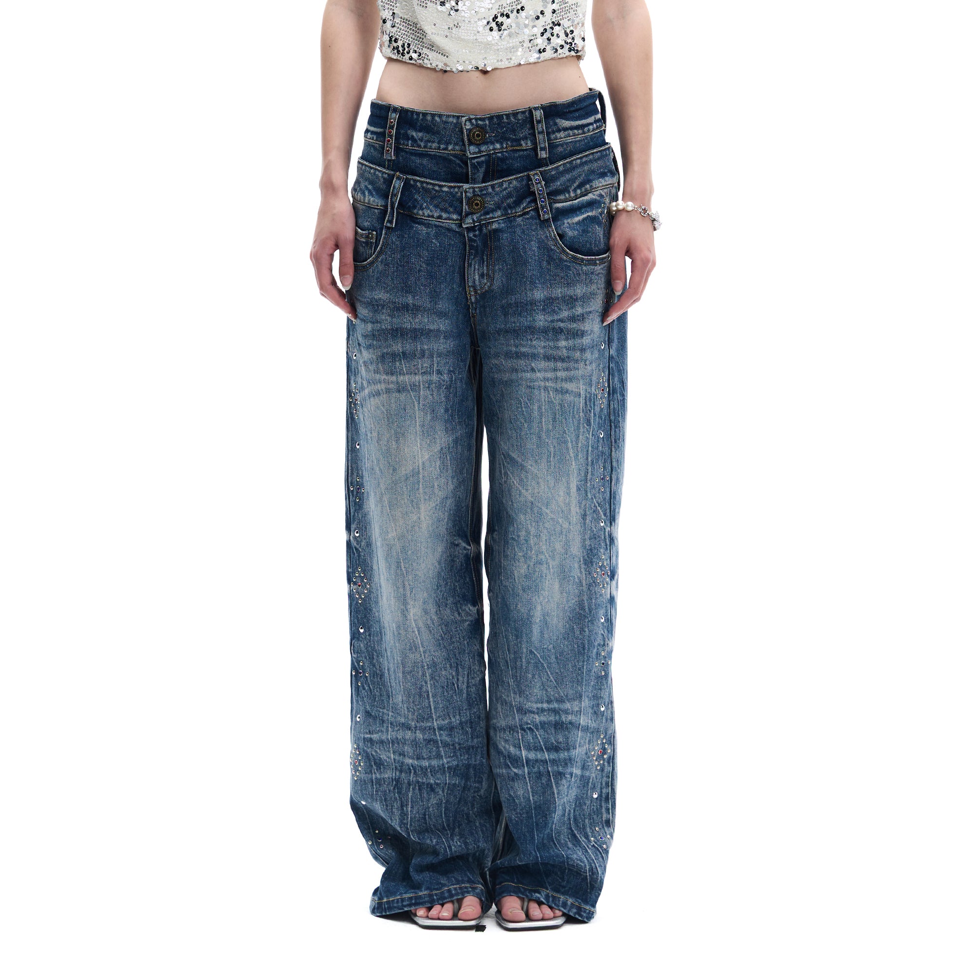 FAYCHUI Double-Waist Studded Washed Wide-Leg Jeans