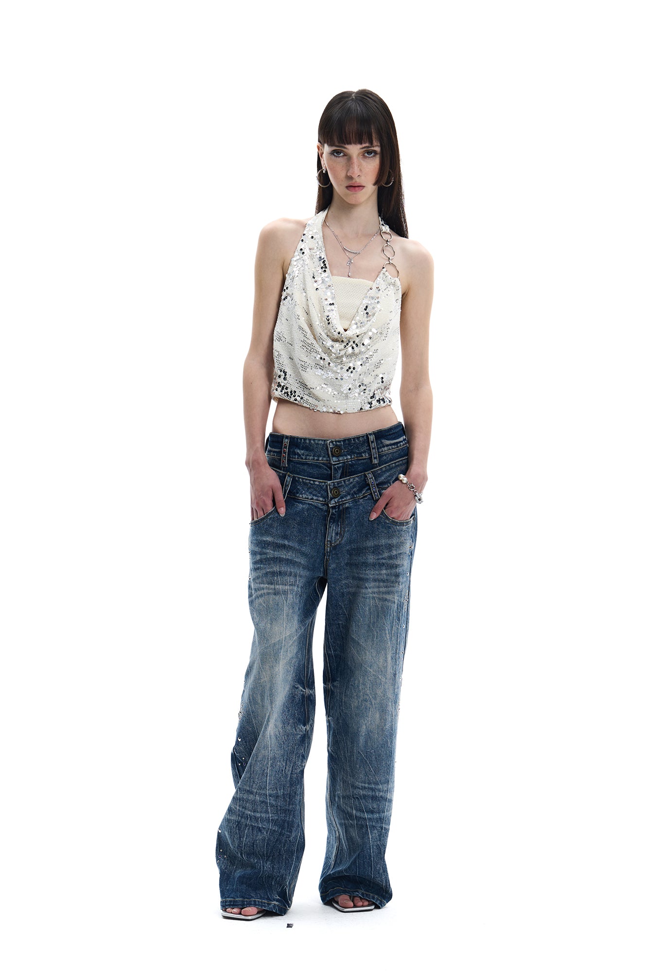 FAYCHUI Double-Waist Studded Washed Wide-Leg Jeans