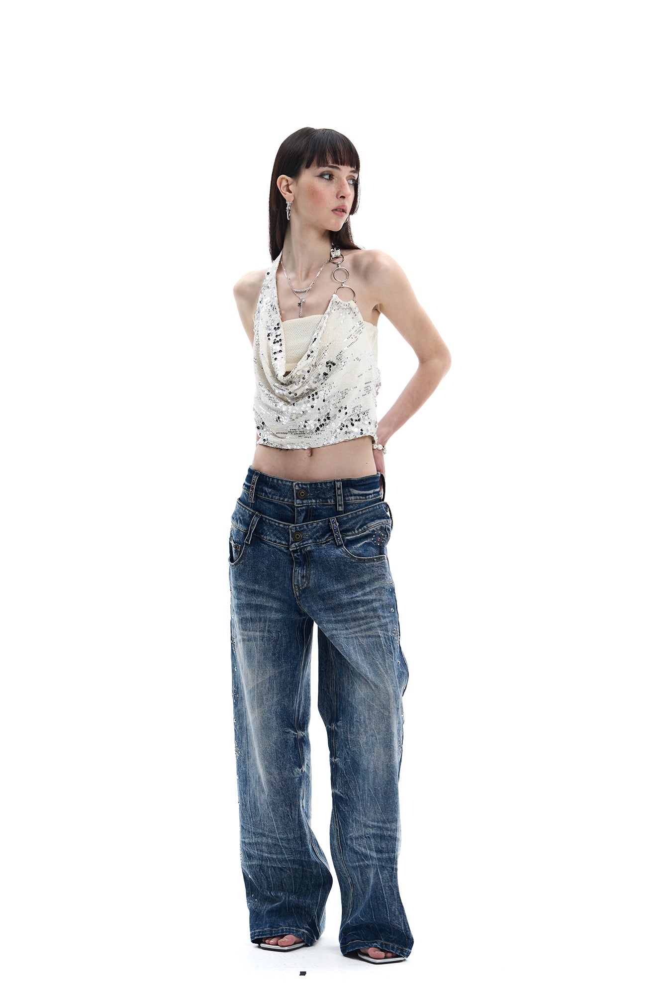 FAYCHUI Ring-Strap Sequin Cowl Halter Top