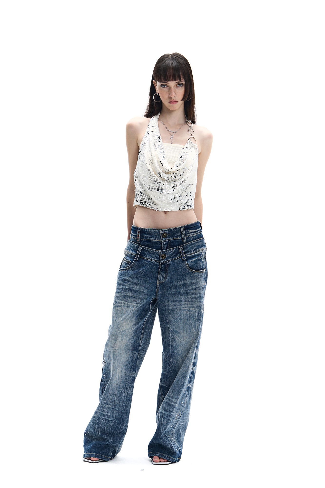 FAYCHUI Double-Waist Studded Washed Wide-Leg Jeans