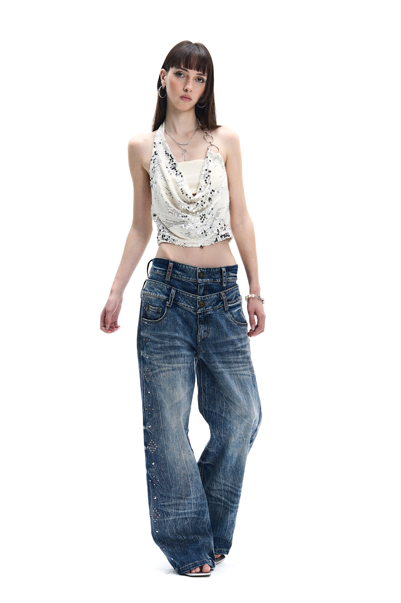FAYCHUI Ring-Strap Sequin Cowl Halter Top