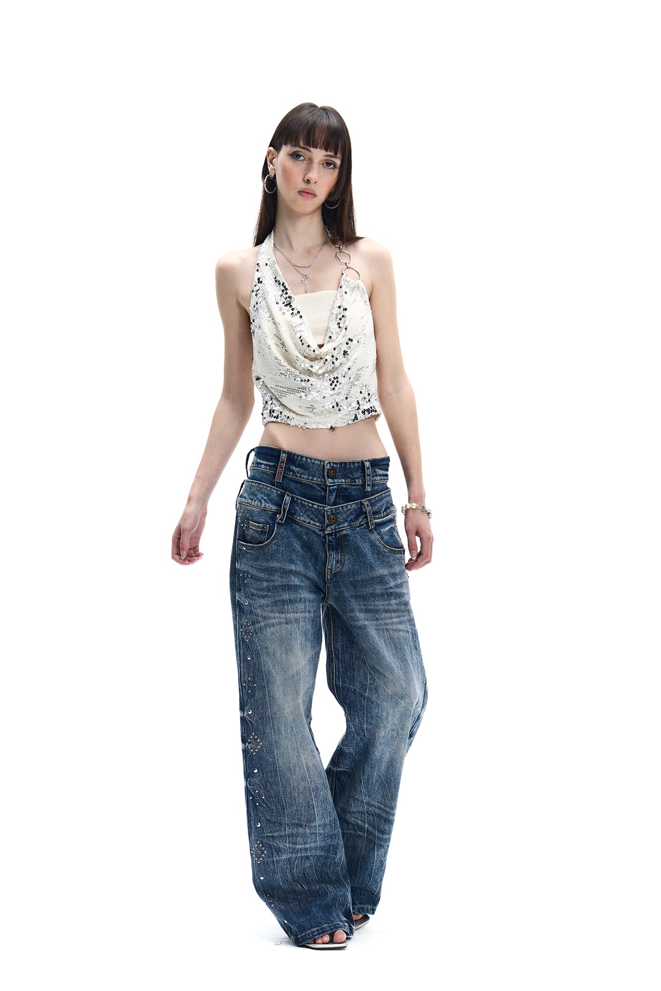 FAYCHUI Double-Waist Studded Washed Wide-Leg Jeans