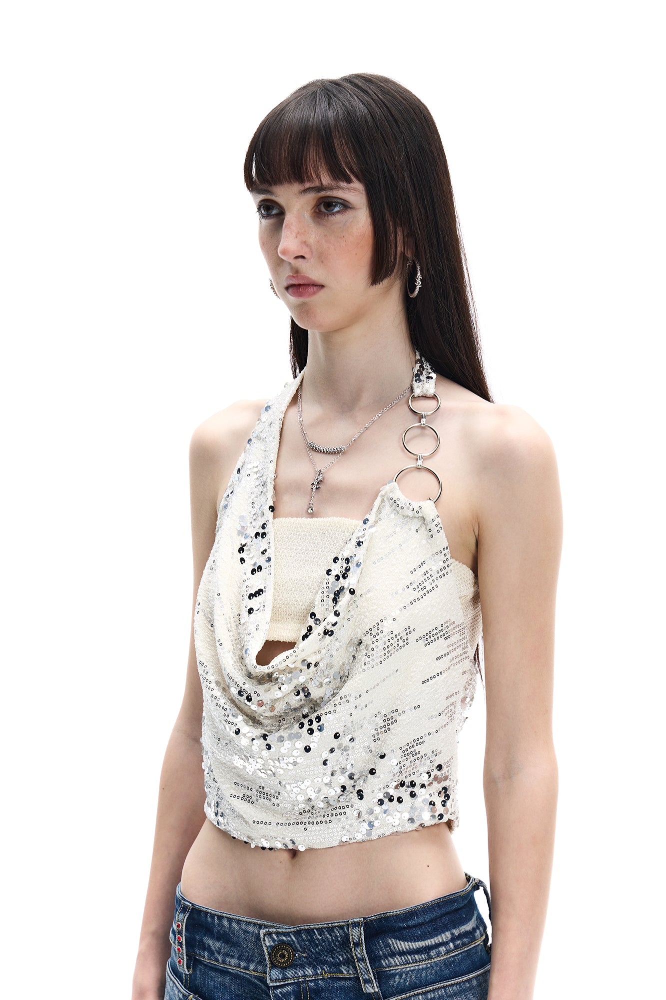 FAYCHUI Ring-Strap Sequin Cowl Halter Top