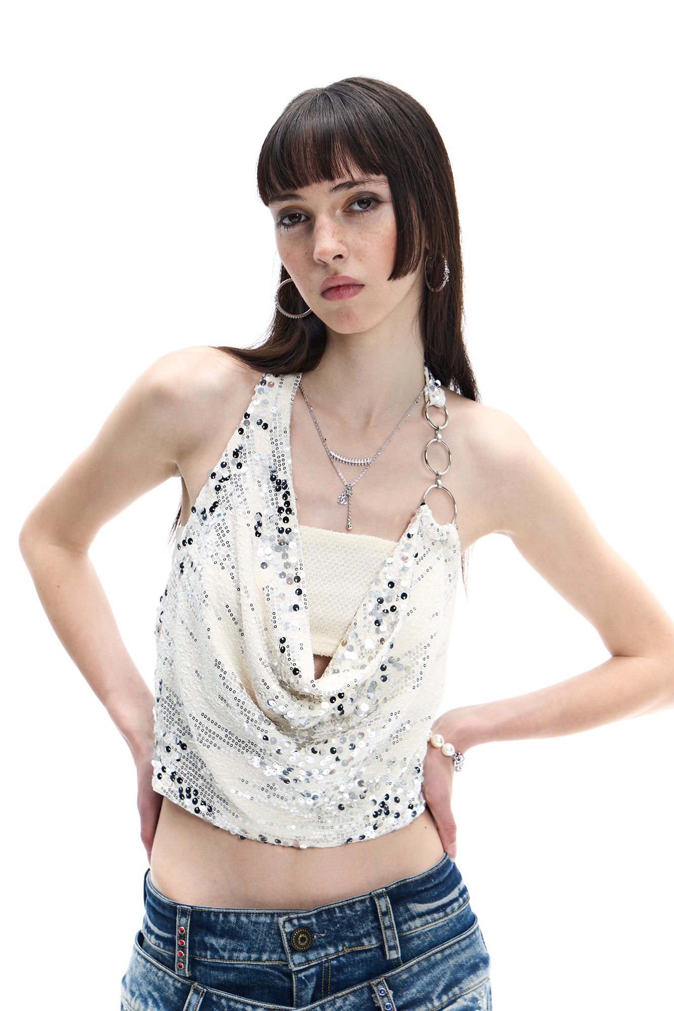 FAYCHUI Ring-Strap Sequin Cowl Halter Top