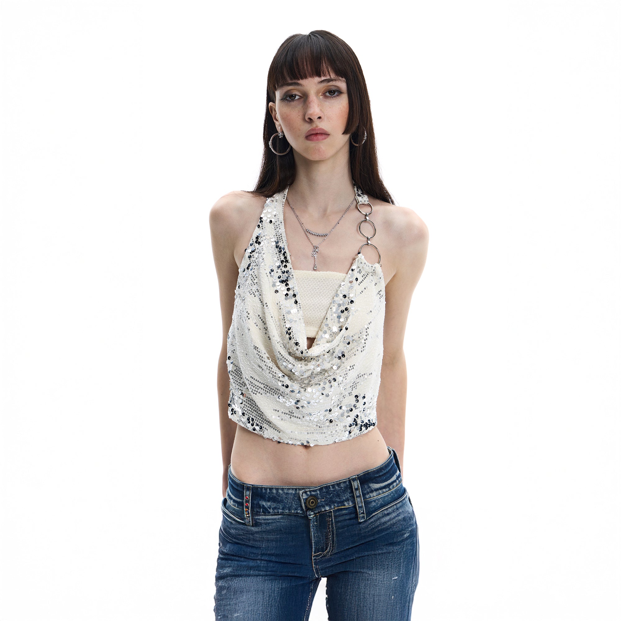 FAYCHUI Ring-Strap Sequin Cowl Halter Top