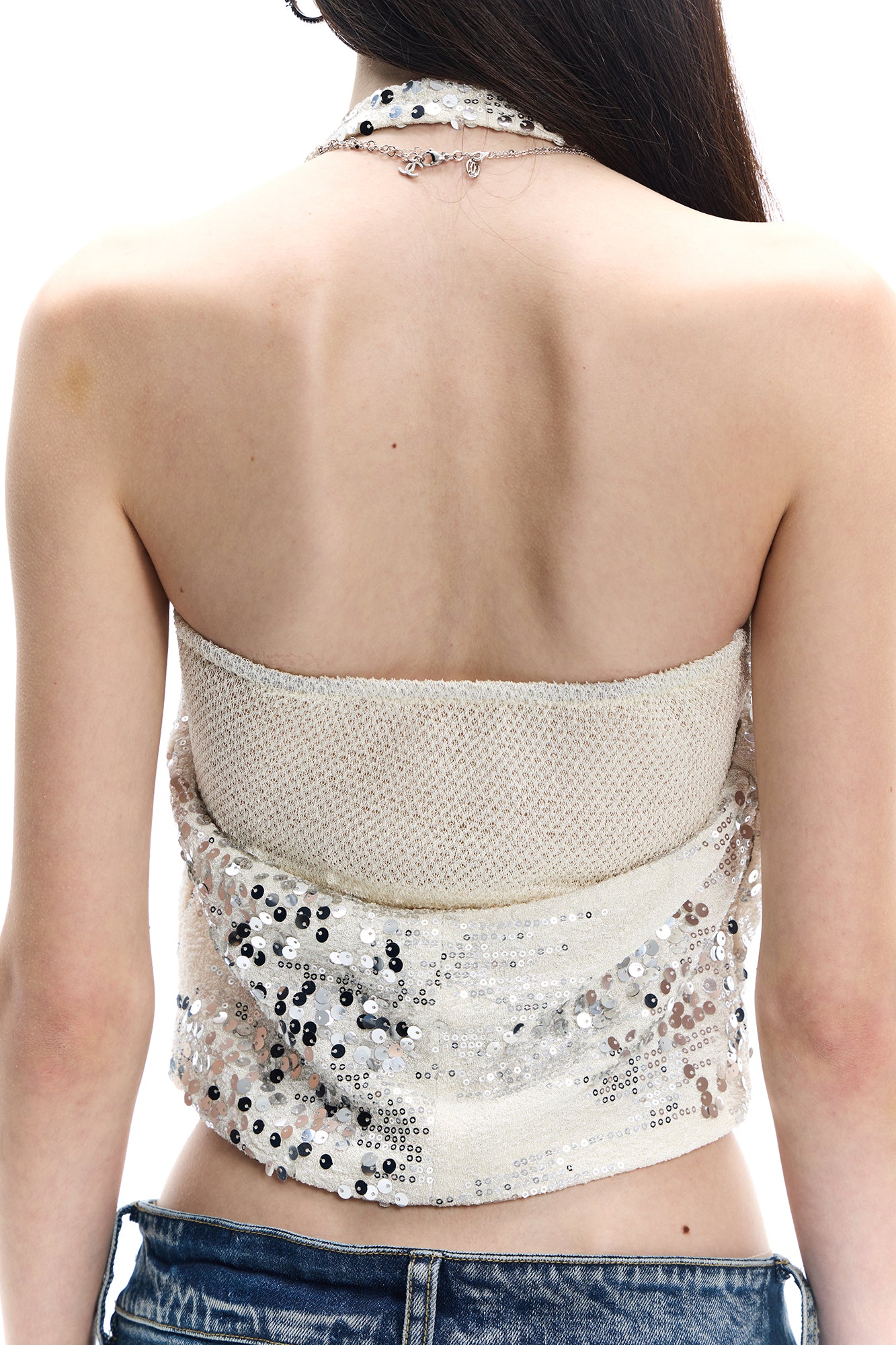 FAYCHUI Ring-Strap Sequin Cowl Halter Top