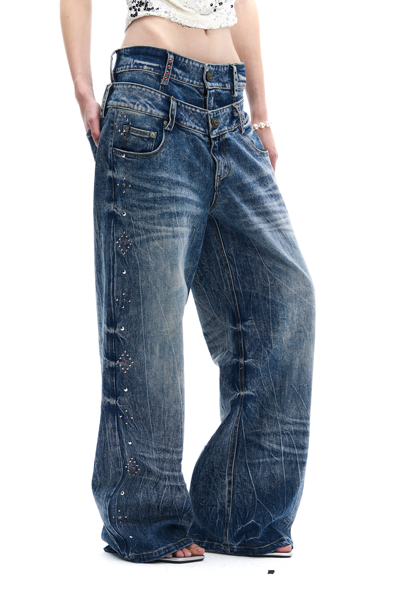 FAYCHUI Double-Waist Studded Washed Wide-Leg Jeans