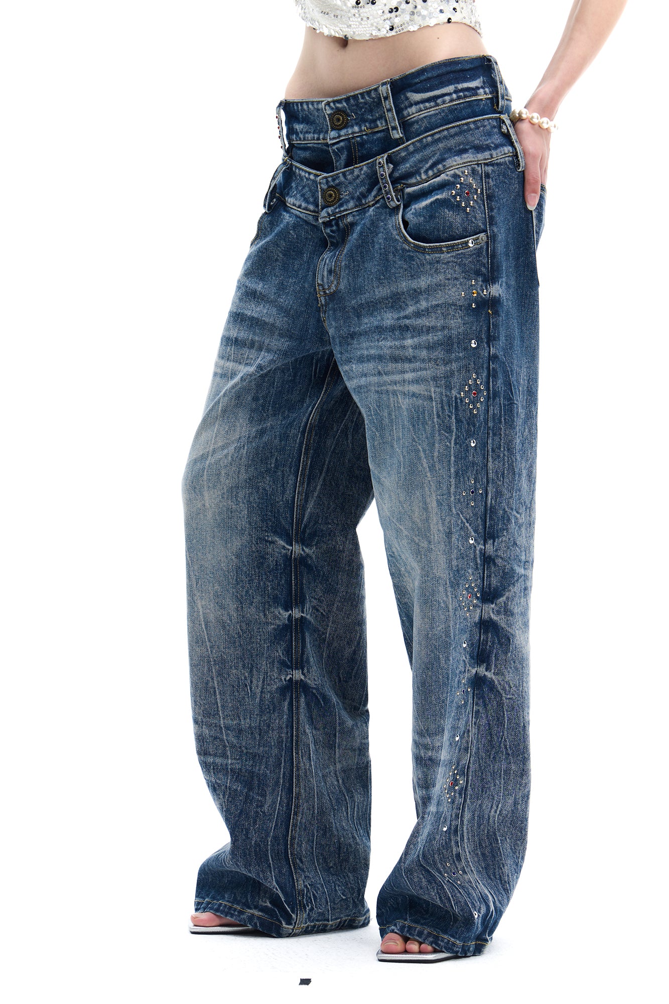 FAYCHUI Double-Waist Studded Washed Wide-Leg Jeans