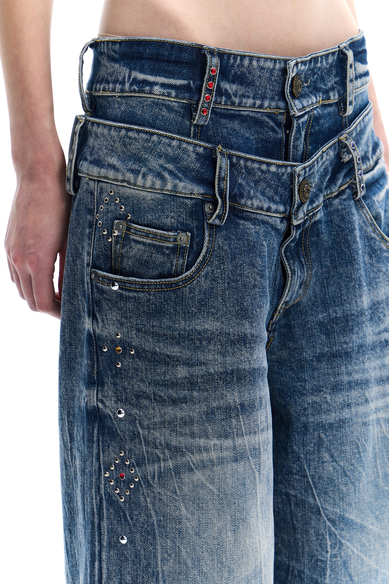 FAYCHUI Double-Waist Studded Washed Wide-Leg Jeans