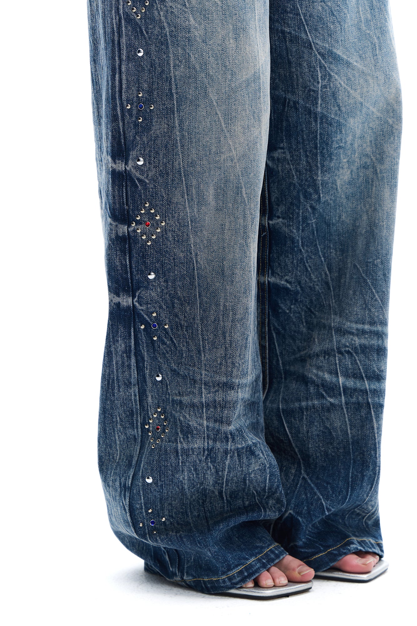 FAYCHUI Double-Waist Studded Washed Wide-Leg Jeans