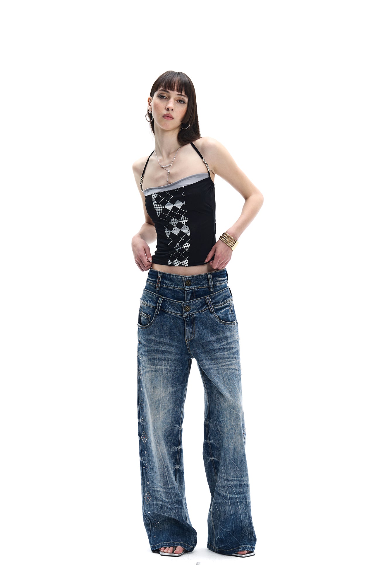 FAYCHUI Argyle Graphic Beaded-Strap Cami Top