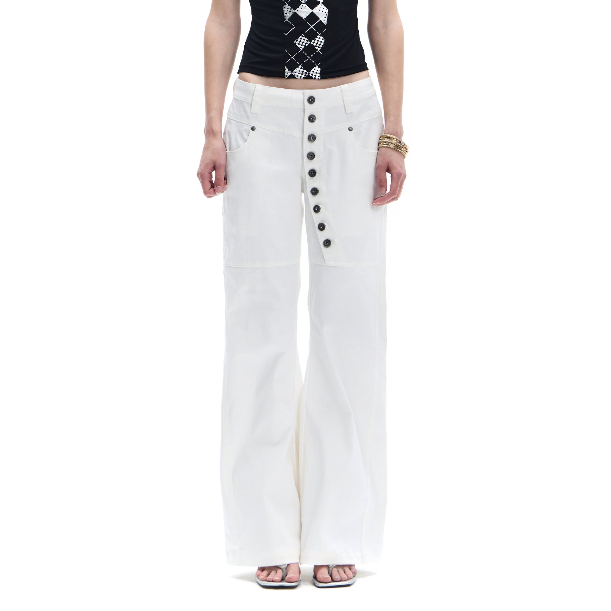 FAYCHUI Asymmetrical Button-Front Wide-Leg Pants