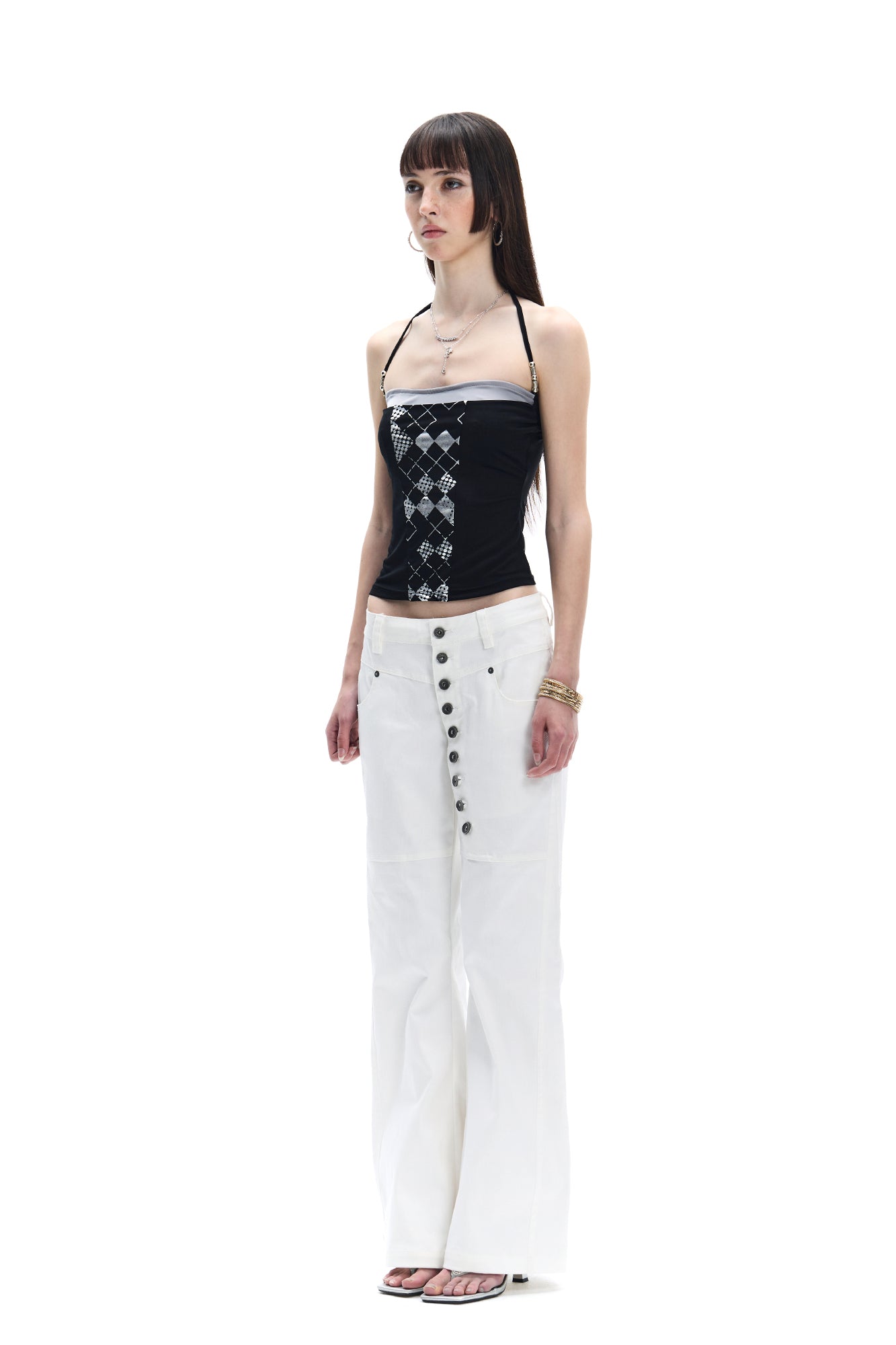 FAYCHUI Argyle Graphic Beaded-Strap Cami Top