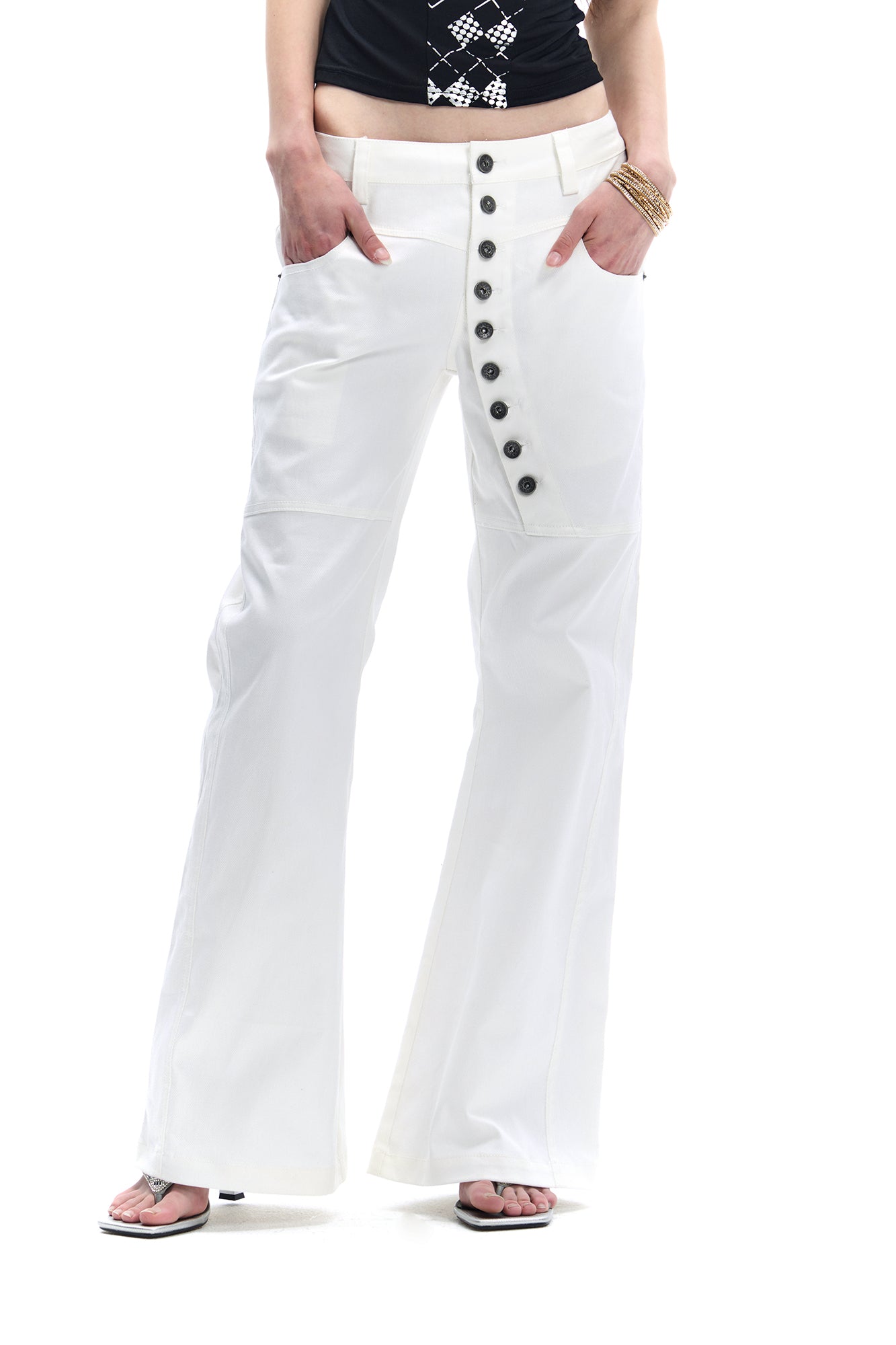 FAYCHUI Asymmetrical Button-Front Wide-Leg Pants