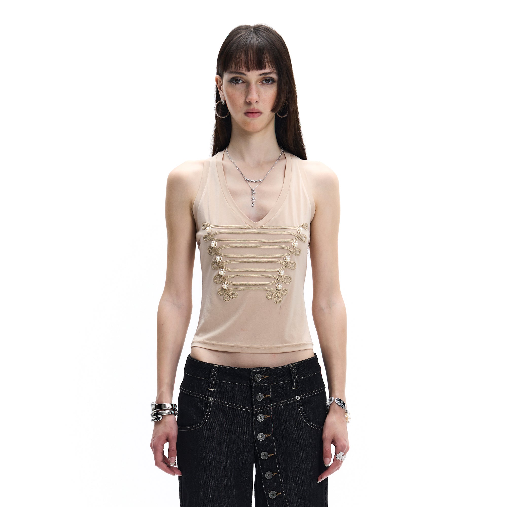 FAYCHUI Military Braid Pearl Tank Top